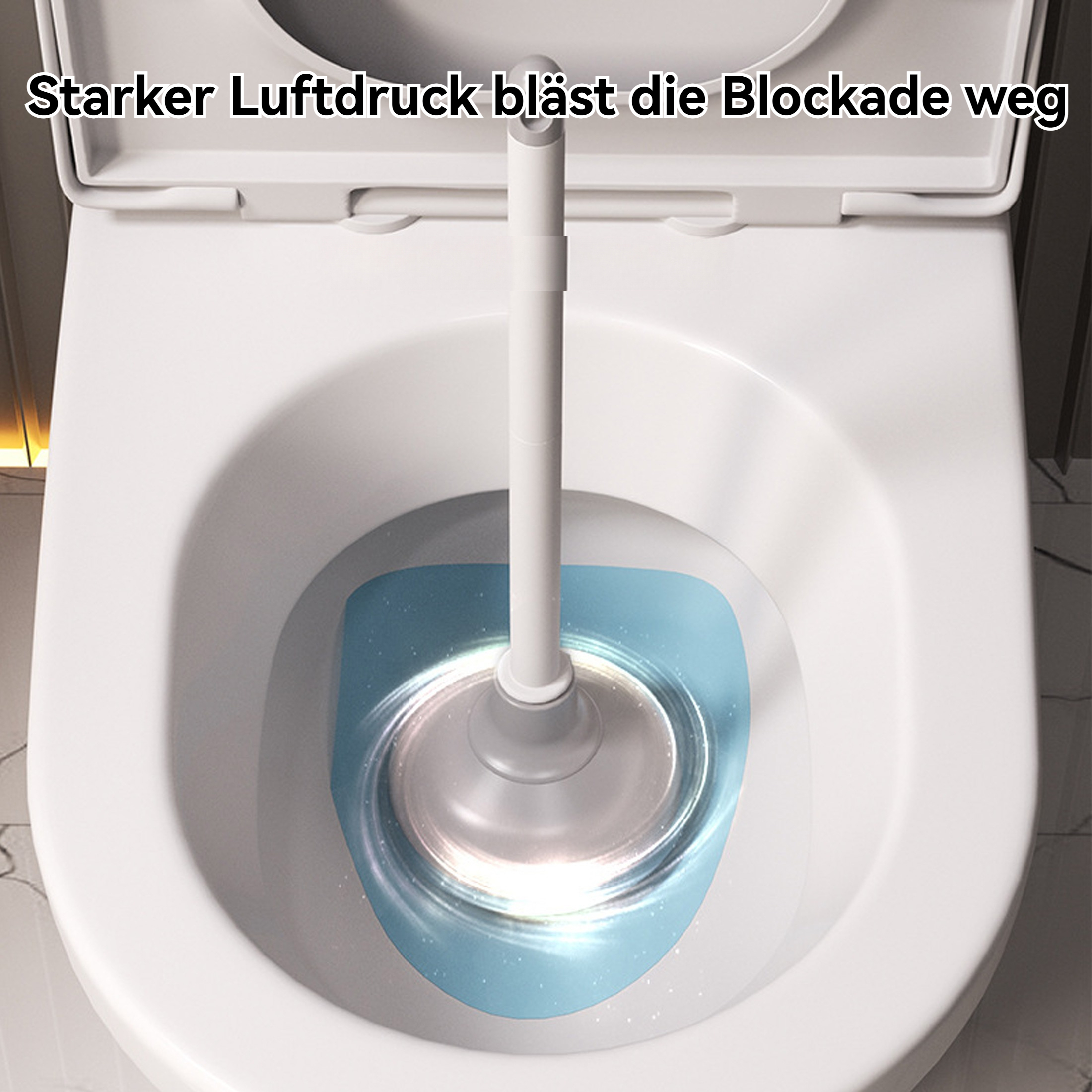 Ein Toilettenstöpsel befindet sich in einer weißen Toilette. Der Stöpsel drückt Luft in die Toilette. Der Text lautet: Starker Luftdruck bläst die Verstopfung weg