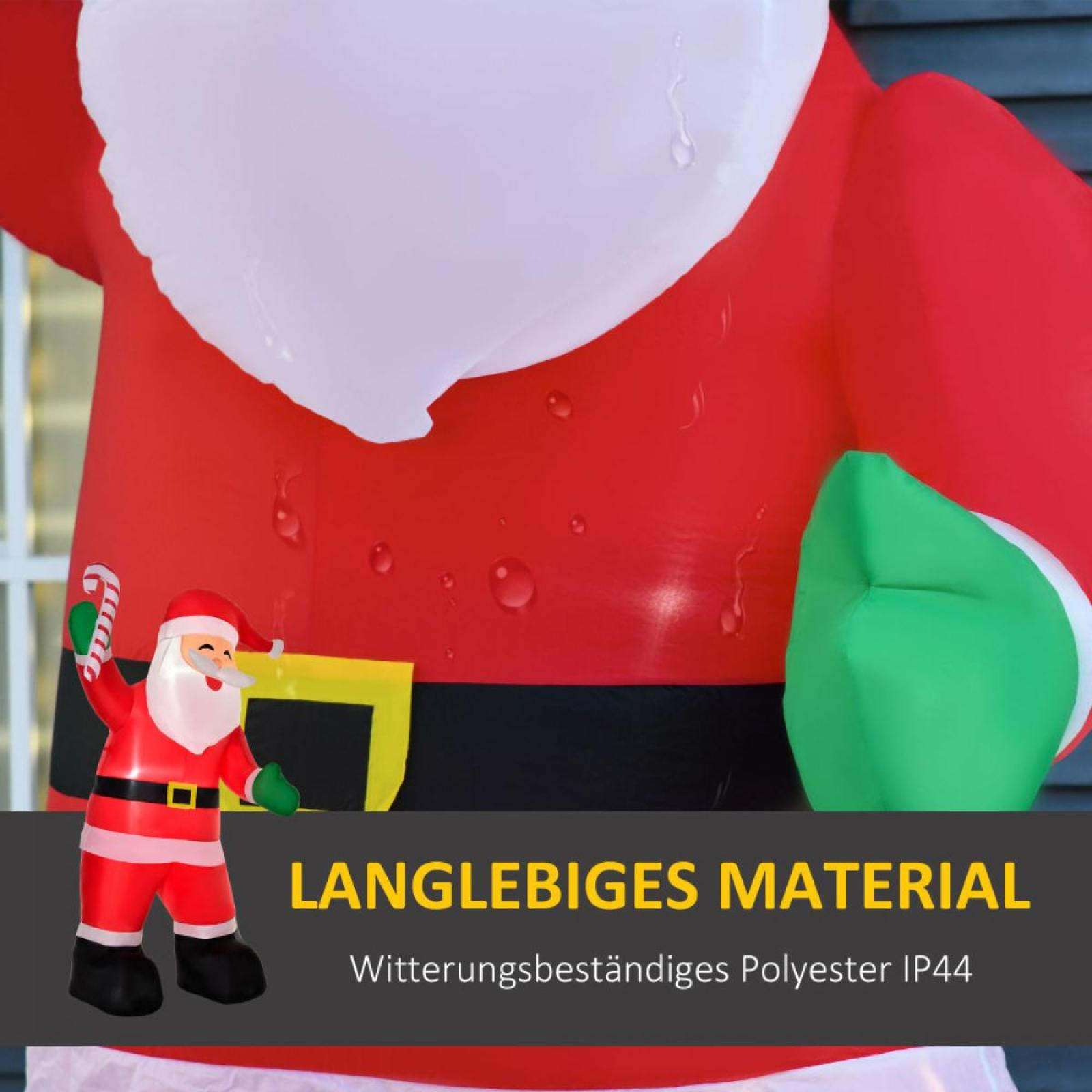 Aufblasbarer Weihnachtsmann mit rotem Anzug, schwarzen Stiefeln, hält eine Zuckerstange. Weißer Bart und Hut. Text: langlebiges Material.