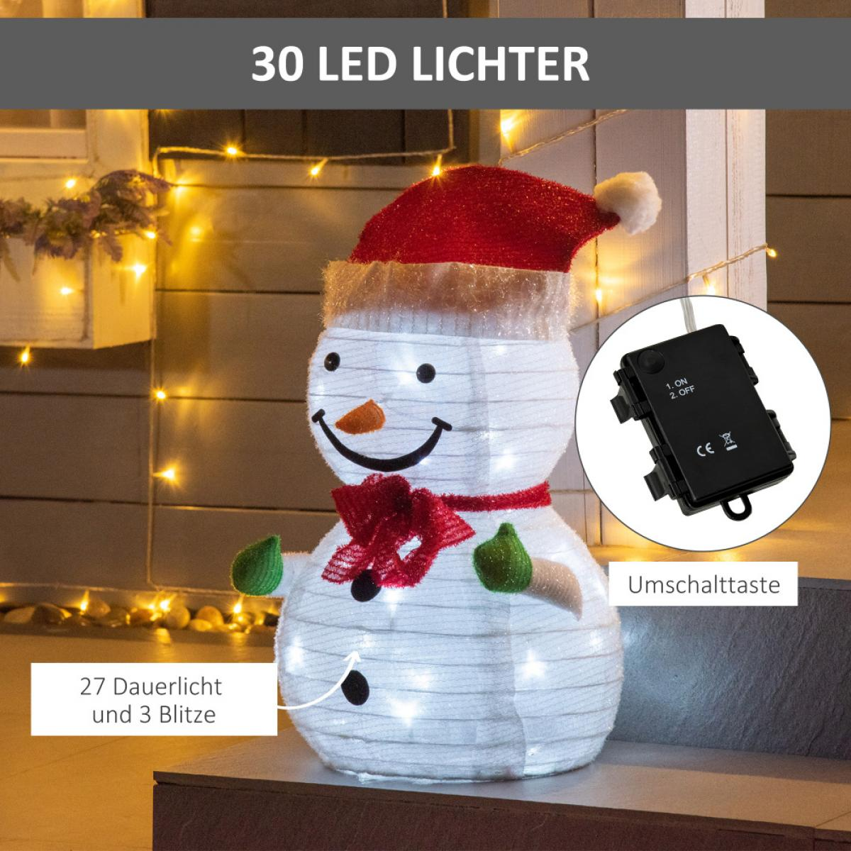 Eine Schneemann-Dekoration mit rotem Hut und Schleife, beleuchtet mit LED-Lichtern. Ein Akku-Pack ist abgebildet. Text: '30 LED-Lichter'.