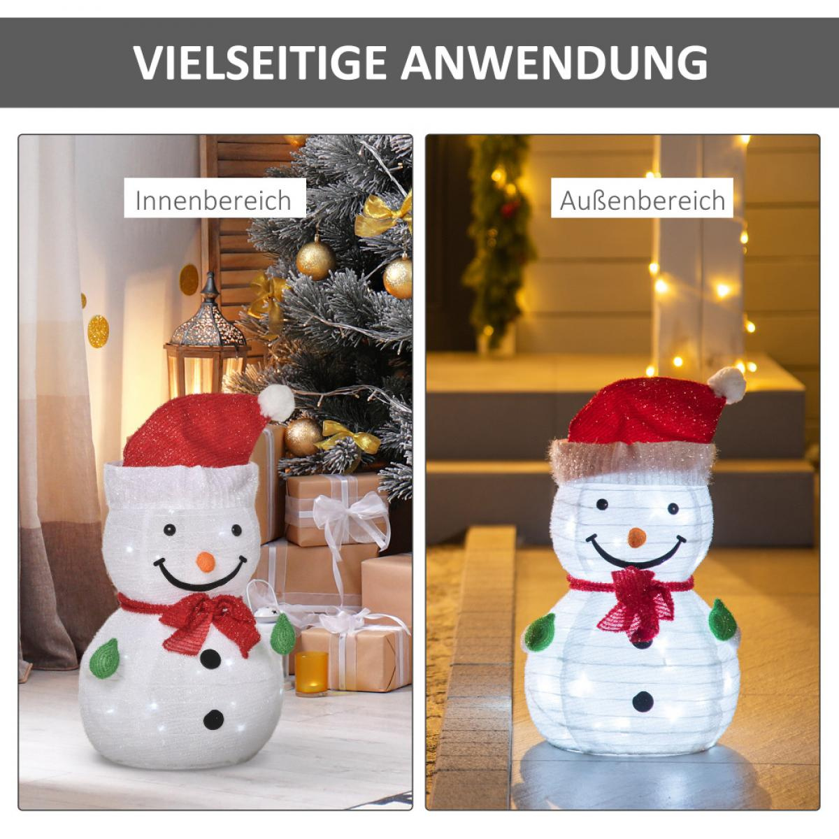 Das Bild zeigt zwei Schneemann-Dekorationen, eine drinnen und eine draußen. Beide haben rote Hüte, Schals und grüne Fäustlinge und sind beleuchtet.
