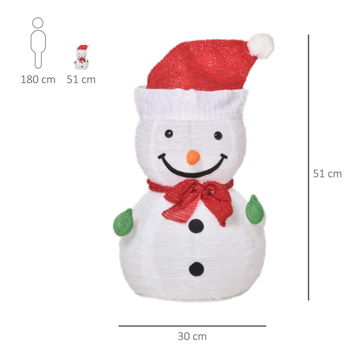 Ein dekorativer Schneemann mit roter Mütze, Schal und grünen Fäustlingen. Er hat schwarze Augen und Knöpfe sowie eine orangefarbene Karottennase.