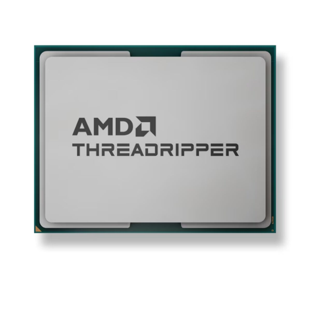 Procesor AMD Threadripper. Szary prostokąt z logo i tekstem AMD. Zielona i biała obwódka. Białe tło.