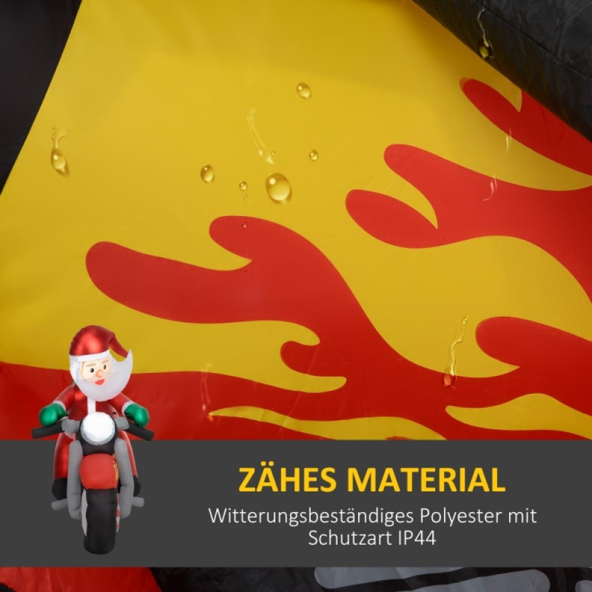 Weihnachtsmann auf Motorrad vor gelb-rotem Flammendesign. Text: 'Zähes Material' und 'witterungsbeständiges Polyester'.