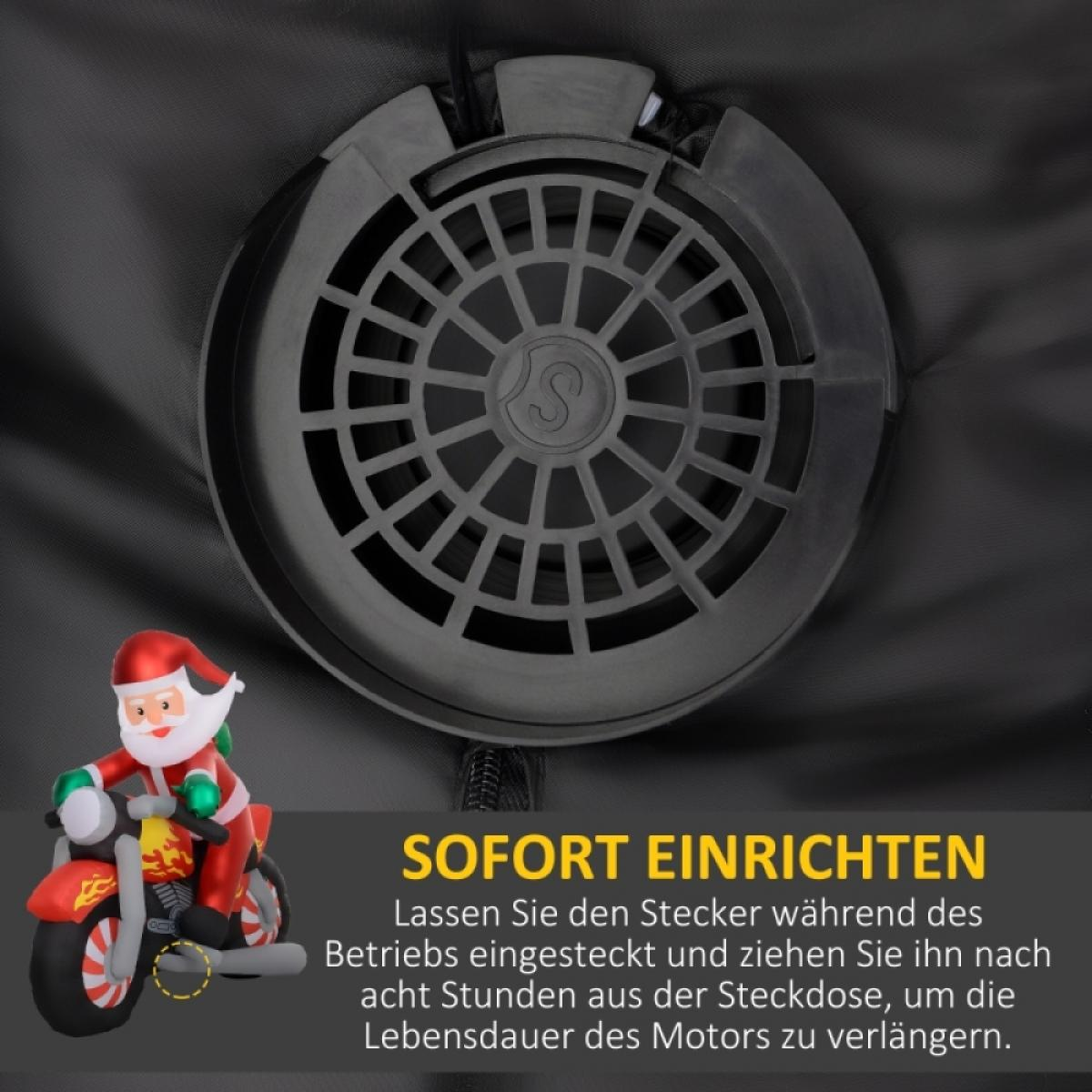 Eine Weihnachtsmannfigur auf einem Motorrad im Vordergrund. Ein schwarzer Ventilator im Hintergrund mit Text daneben.
