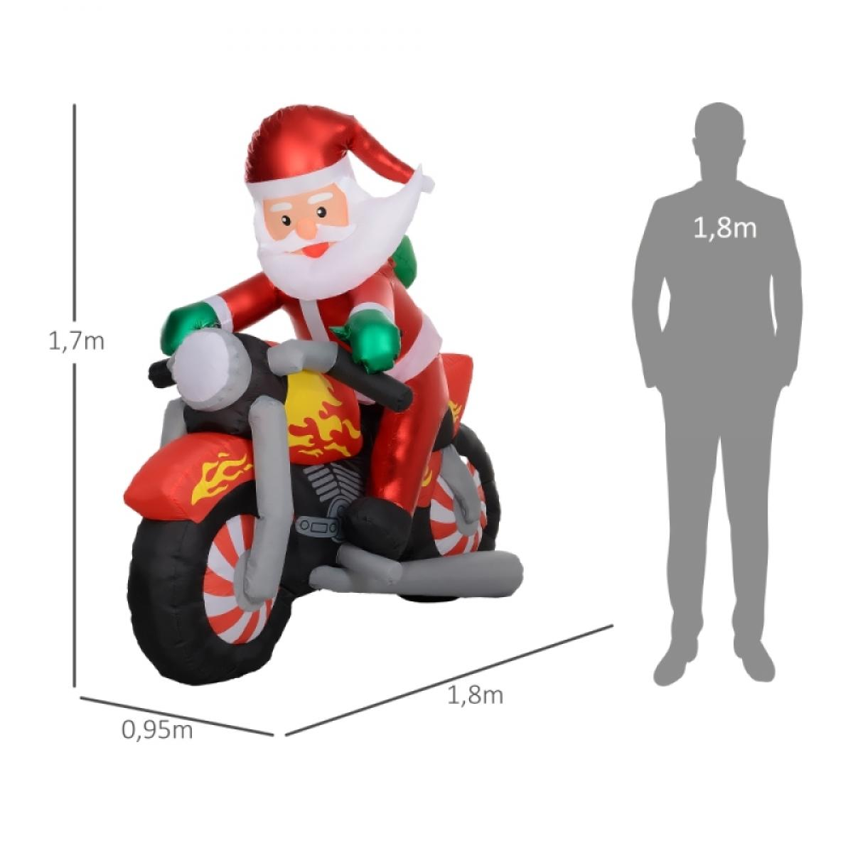 Aufblasbarer Weihnachtsmann auf einem roten Motorrad mit Flammen. Eine Personensilhouette zeigt die Höhe. Maße sind angegeben.