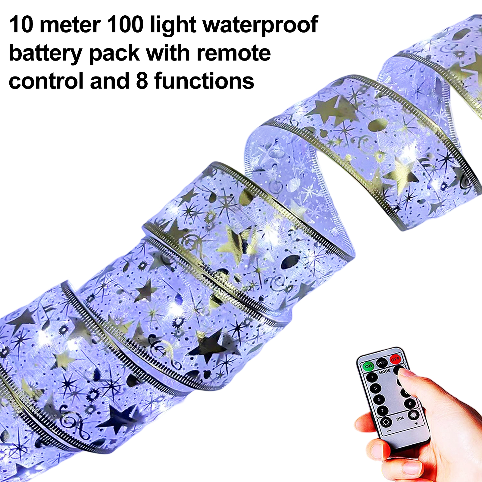 Ein dekoratives Lichtband mit Sternen, einer Fernbedienung und Text über seine Eigenschaften.