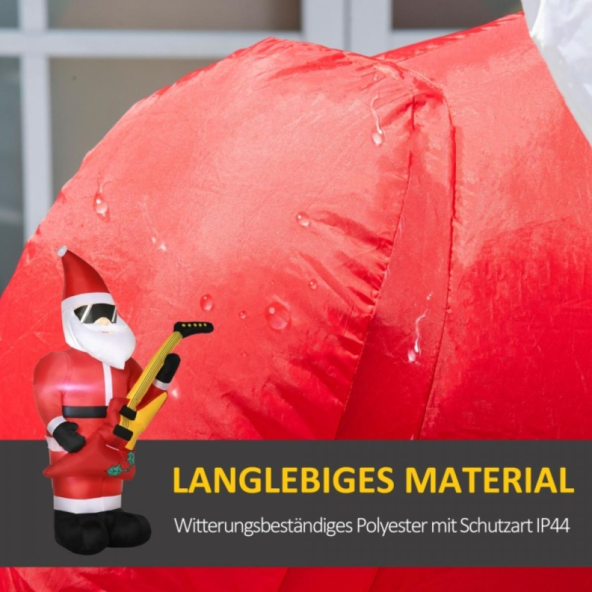 Aufblasbarer Weihnachtsmann mit Sonnenbrille spielt Gitarre vor rotem Hintergrund. Text: Langlebiges Material.