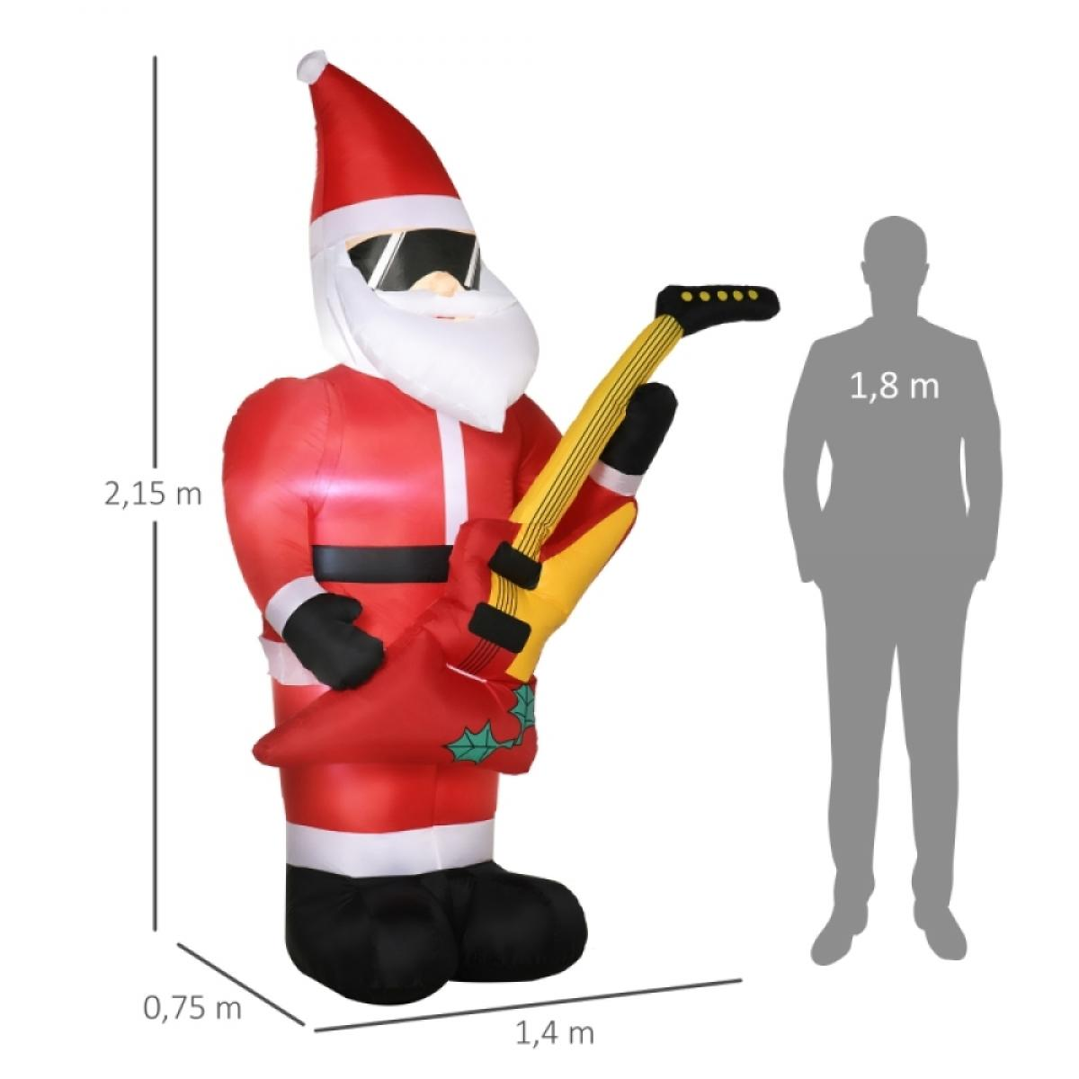 Aufblasbarer Weihnachtsmann mit Sonnenbrille, der eine Gitarre hält. Roter Anzug, schwarze Handschuhe und Stiefel, weißer Bart. Eine graue Silhouette steht daneben.