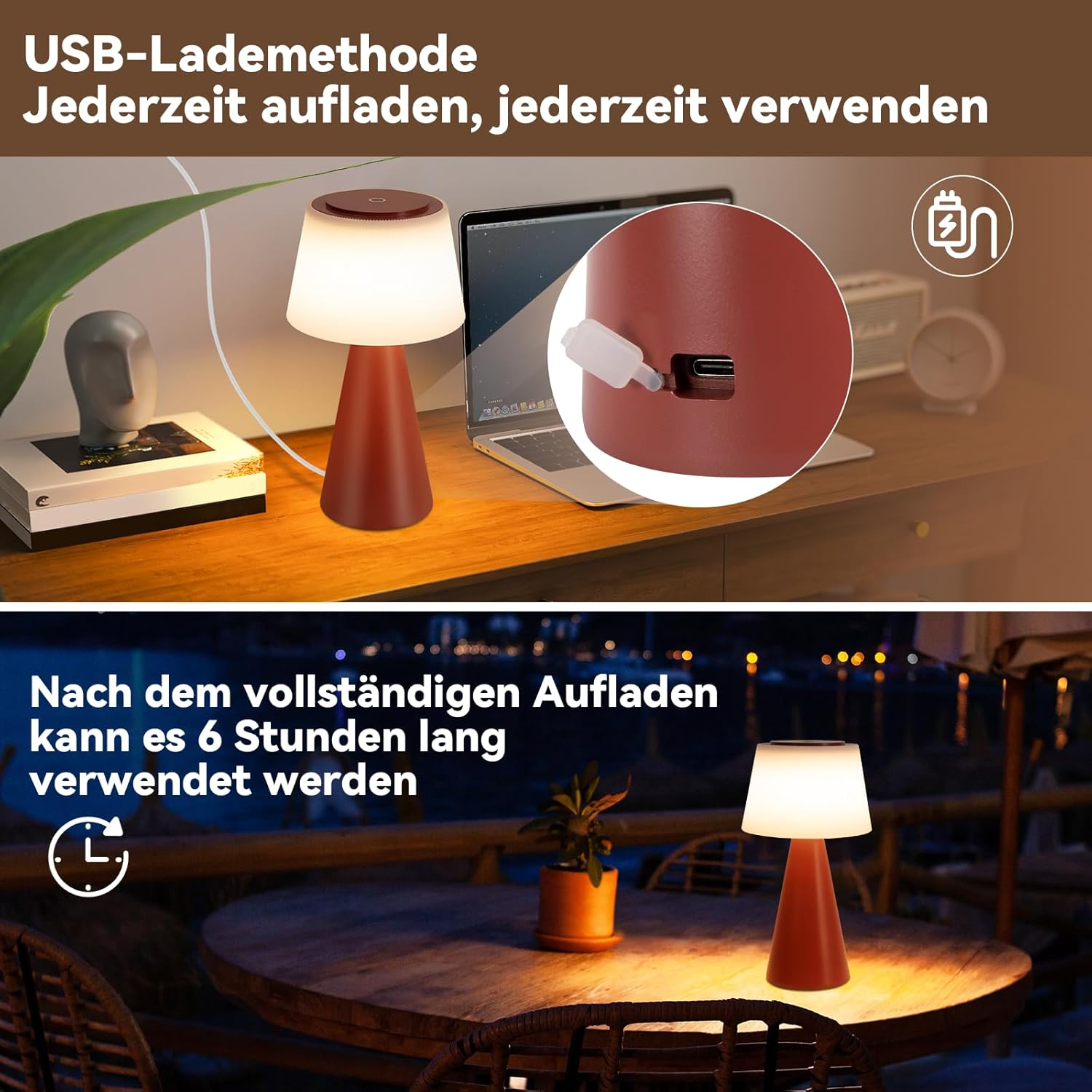 Una lampada rossa si sta caricando. L'immagine mostra una porta di ricarica USB e la lampada su un tavolo.