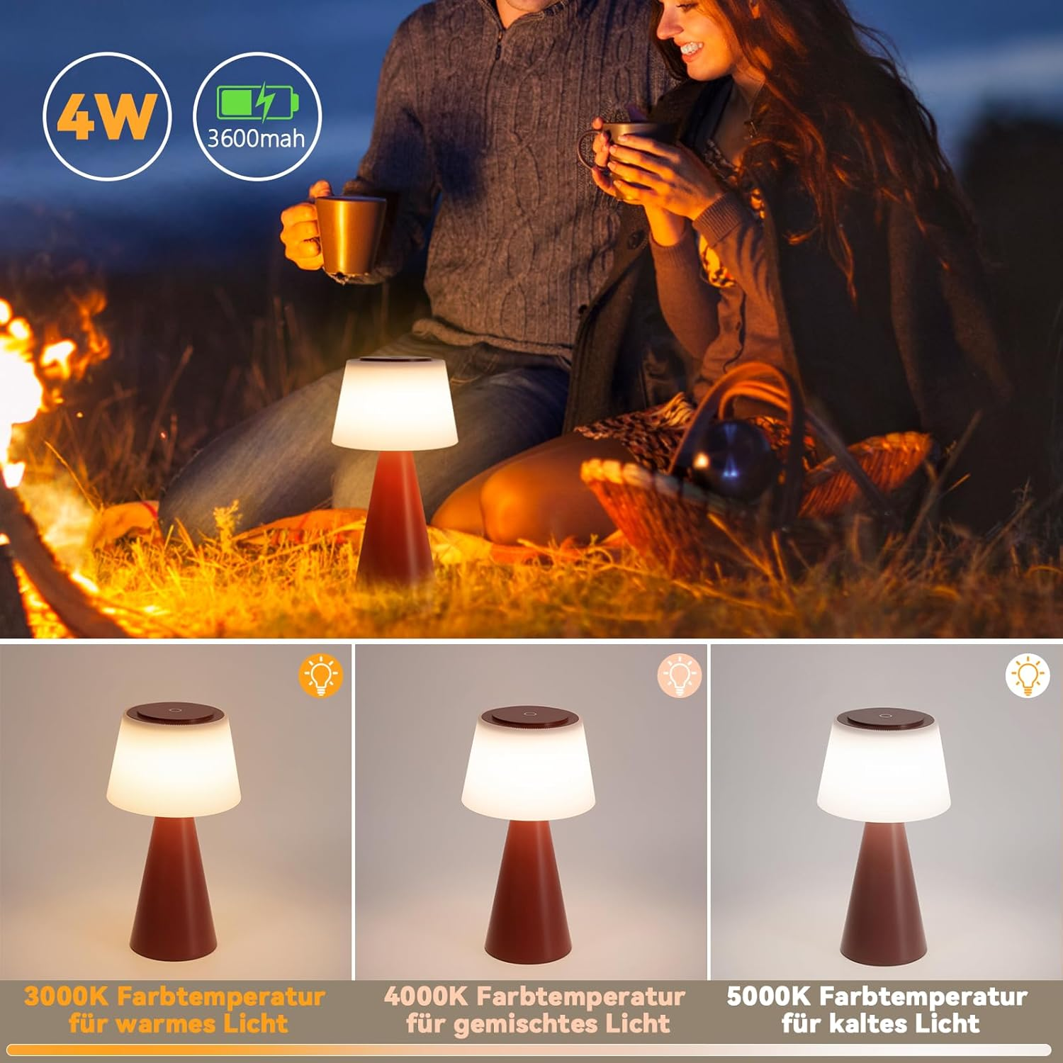 Una coppia vicino a un falò, che tiene delle tazze. Viene mostrata una lampada con diverse impostazioni di luce. Il testo mostra 4W, 3600 mAh e temperature colore.