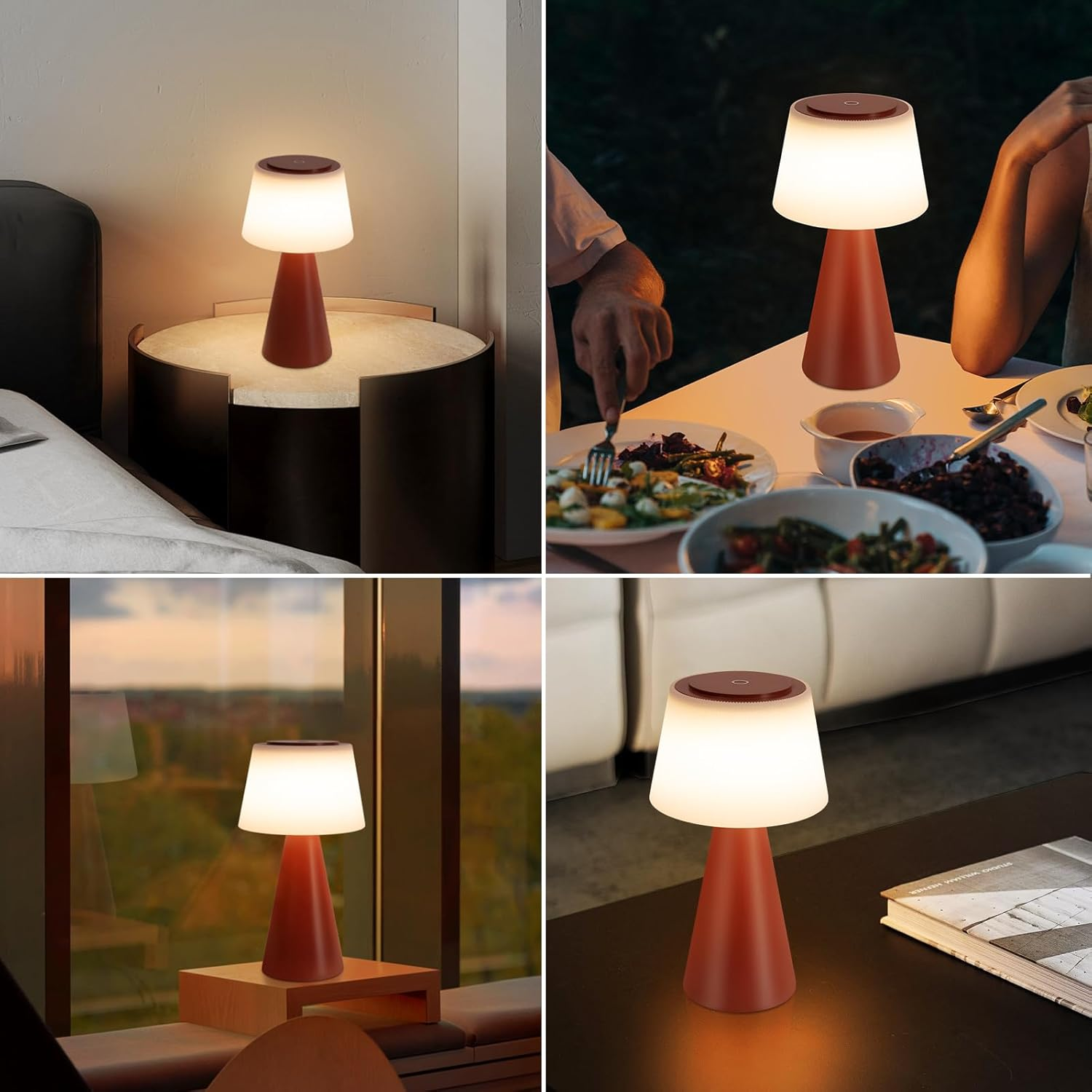 Quattro immagini che mostrano una lampada rossa con un paralume bianco. La lampada è su un tavolo, un comodino e una superficie in legno.