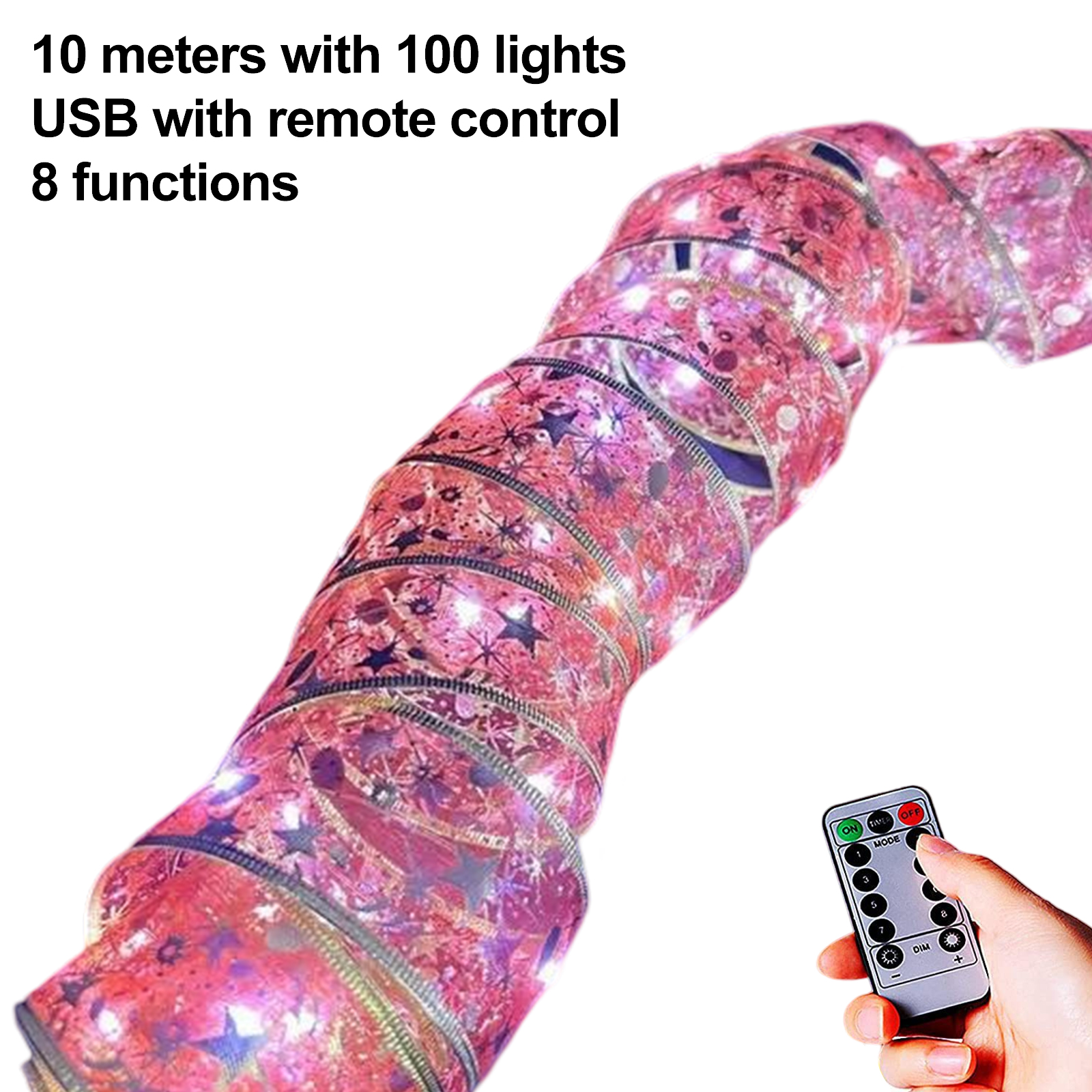 Rosa und silberne LED-Streifen mit Fernbedienung. Die Lichter sind in einer gekräuselten Position. Eine Hand hält die Fernbedienung.