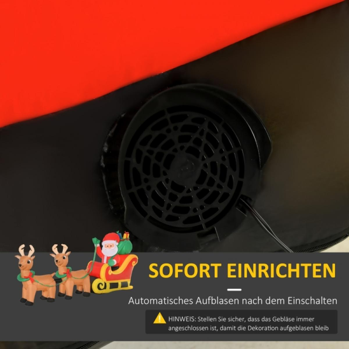 Nahaufnahme eines schwarzen Ventilators, roter und schwarzer Oberfläche. Aufblasbare Dekoration mit Santa und Rentieren, Text: SOFORT EINRICHTEN.