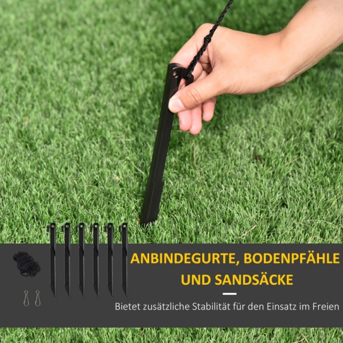Hand hält einen schwarzen Pflock im grünen Gras. Mehrere Pflöcke, Seil und Clips sind unten links mit Text darunter.