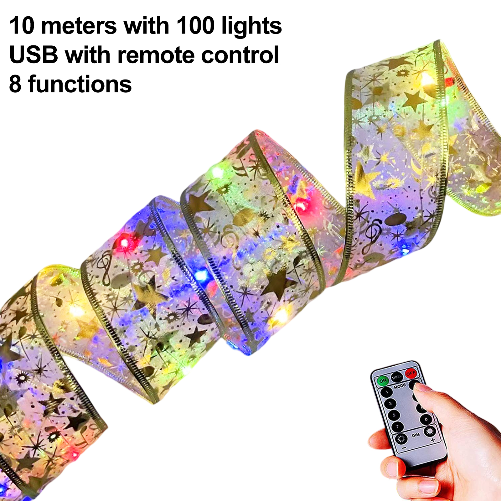 Ein Band mit Sternen und Lichtern steht im Fokus. Eine Hand hält eine Fernbedienung. Oben steht 10 Meter mit 100 Lichtern.
