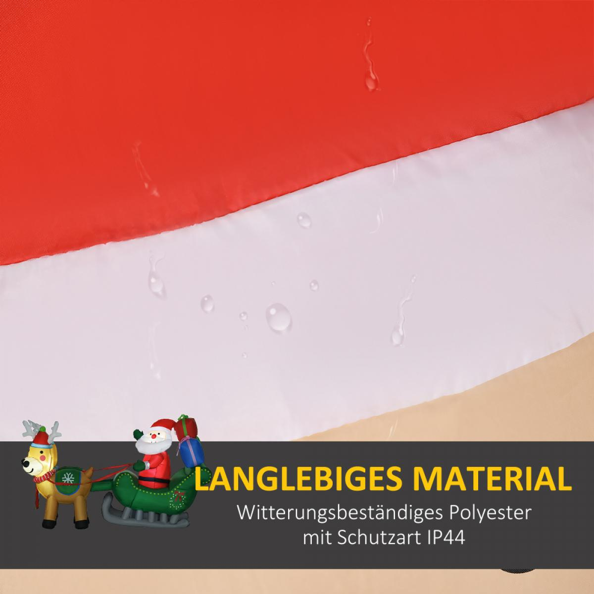 Das Bild zeigt roten und weißen Stoff mit Wassertropfen. Ein aufblasbarer Weihnachtsmann-Schlitten befindet sich unten links.