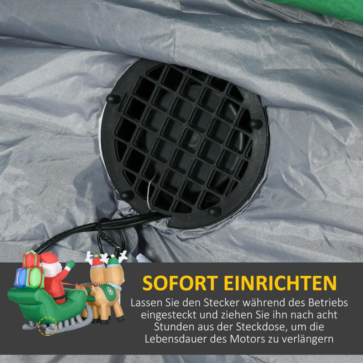 Nahaufnahme eines Gebläses mit dekorativem Weihnachtsmann und Rentierschlitten. Text rät, nach acht Stunden den Stecker zu ziehen.