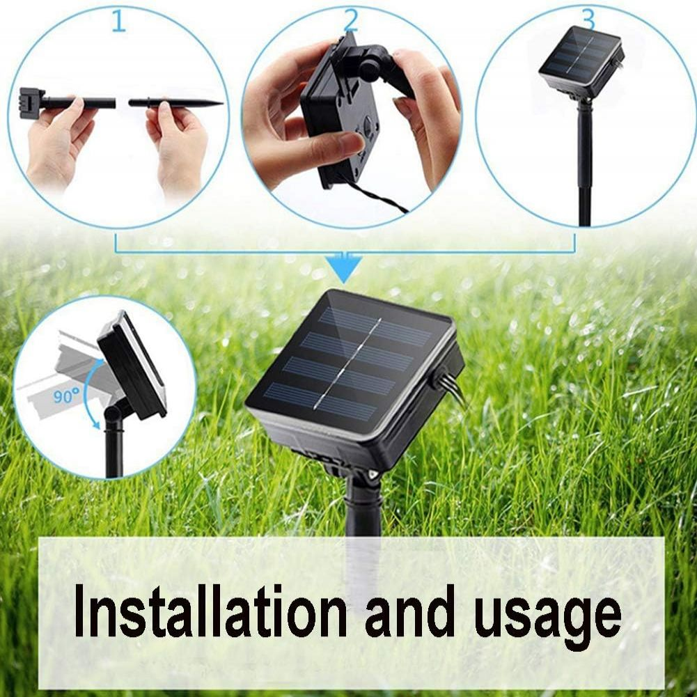 Das Bild zeigt die Installationsschritte für Solarlampen. Es umfasst die Montage von Teilen, Verbindungen und die Platzierung im Gras.