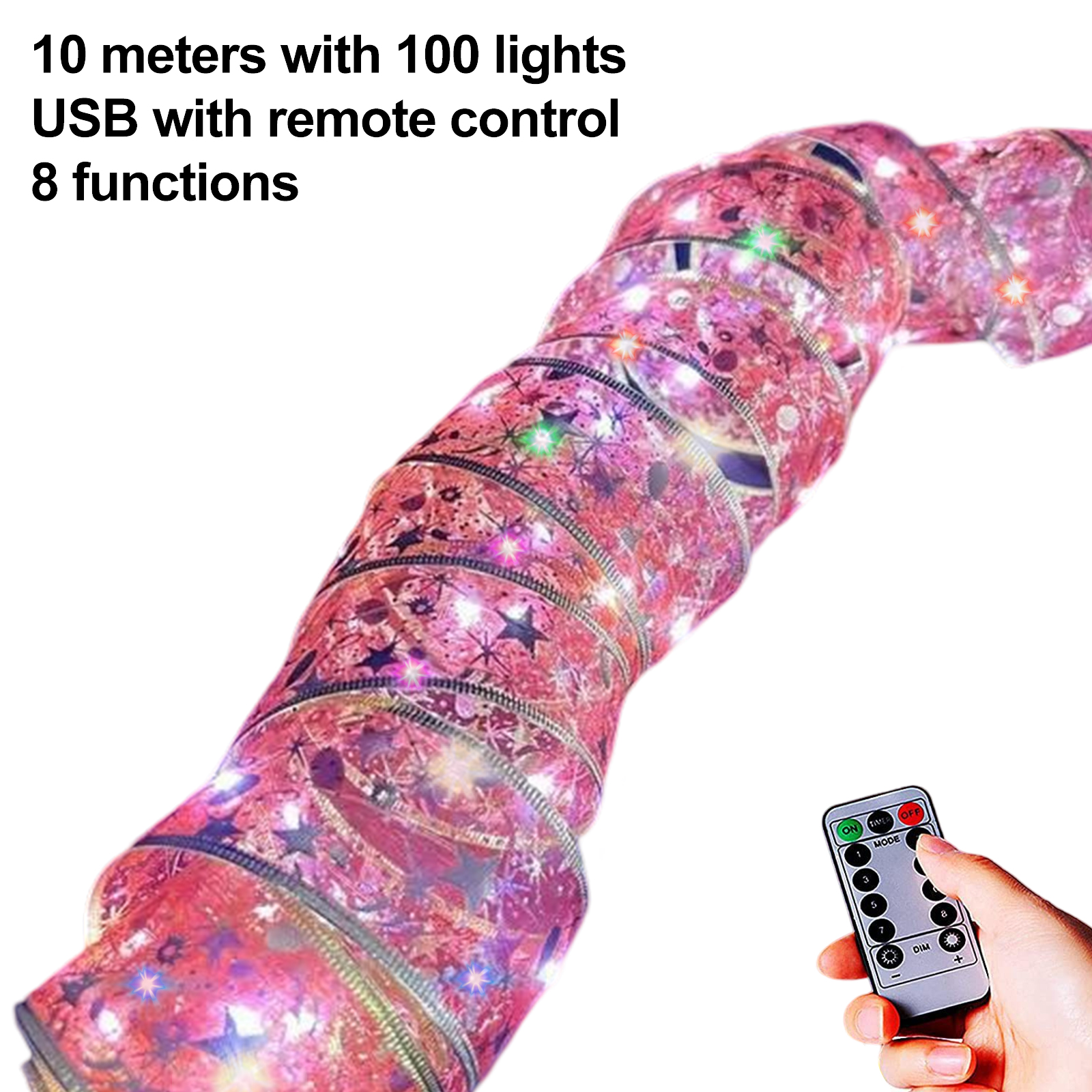 Eine dekorative Lichterkette mit Fernbedienung, rosa und silberfarben, mit einer Hand, die die Fernbedienung hält.