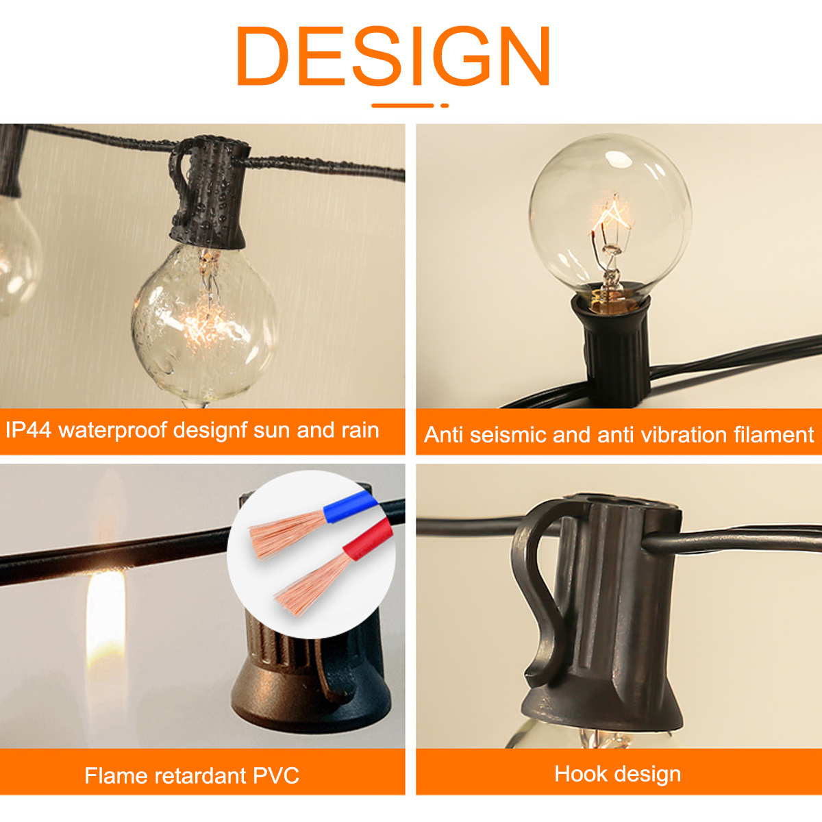 Das Bild zeigt Nahaufnahmen von Merkmalen der Lichterkette: wasserdichtes Design, Anti-Vibrations-Filament, flammhemmendes PVC und Hakendesign.