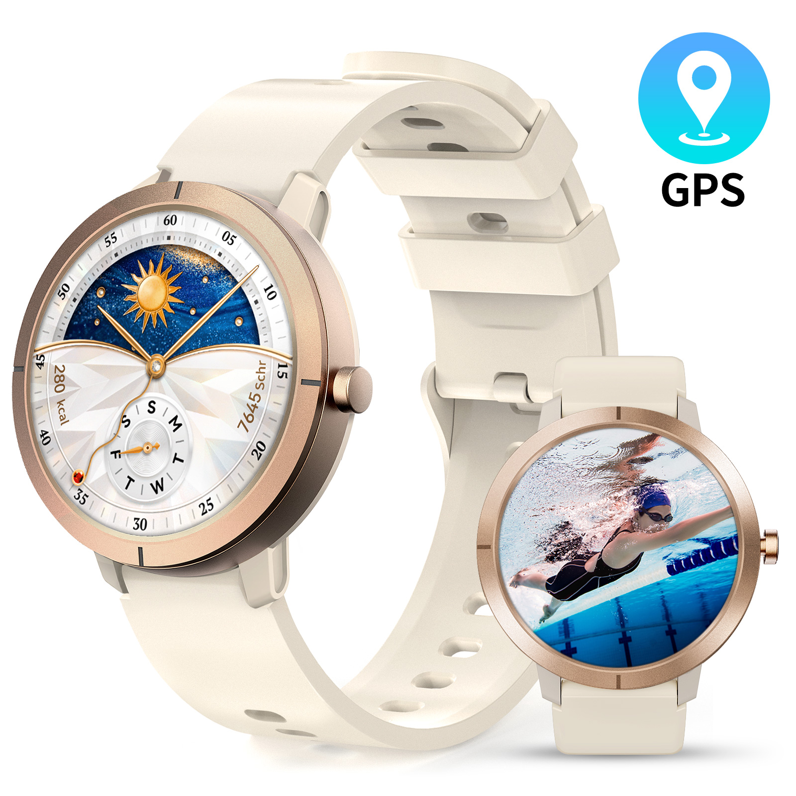 Cremefarbene Smartwatch mit goldfarbener Lünette. Auf dem Bildschirm sind eine Sonne und ein Schwimmer im Pool zu sehen. GPS-Symbol.