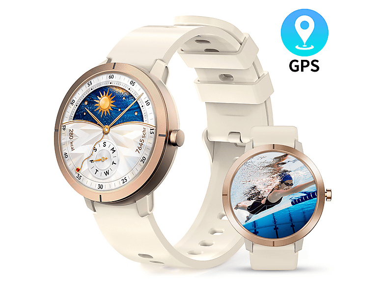 RAYOFI DM76 Smartwatch Zinklegierung, Aluminiumlegierung Silikon, 18 mm, Gold GPS Smartwatch Damen， Eingebautes GPS, 5 ATM wasserdichte Fitness Tracker zum Schwimmen， 170+ Sportmodi Sportuhr