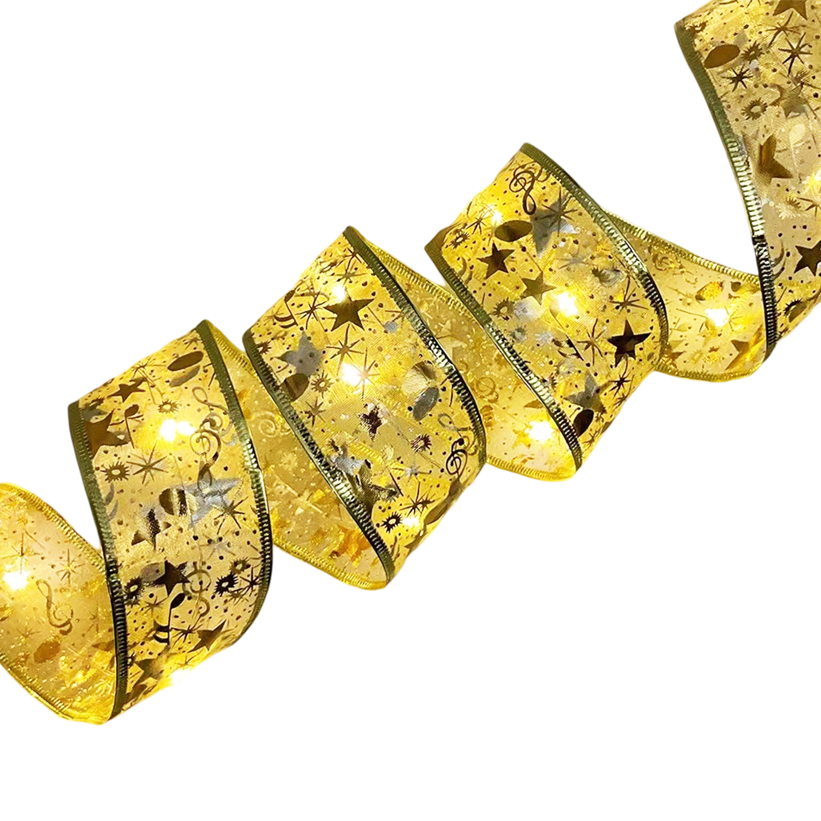 Ein goldenes Band mit Sternen, Noten und anderen Formen ist vor weißem Hintergrund gekräuselt.