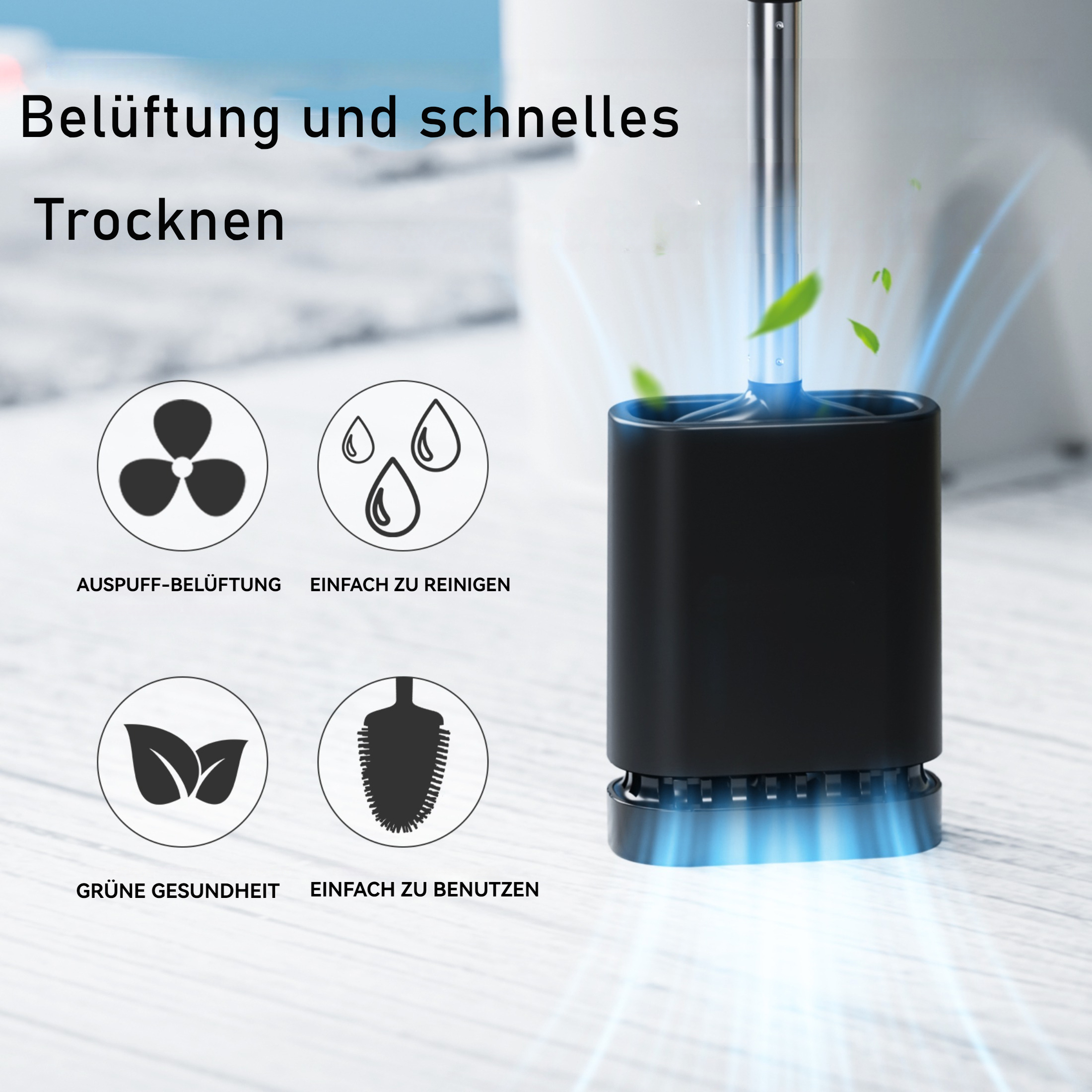 Eine schwarze Klobürste mit Luftauslass, Icons für Reinigung, Gesundheit und einfache Bedienung. Weißer Holzgrund.