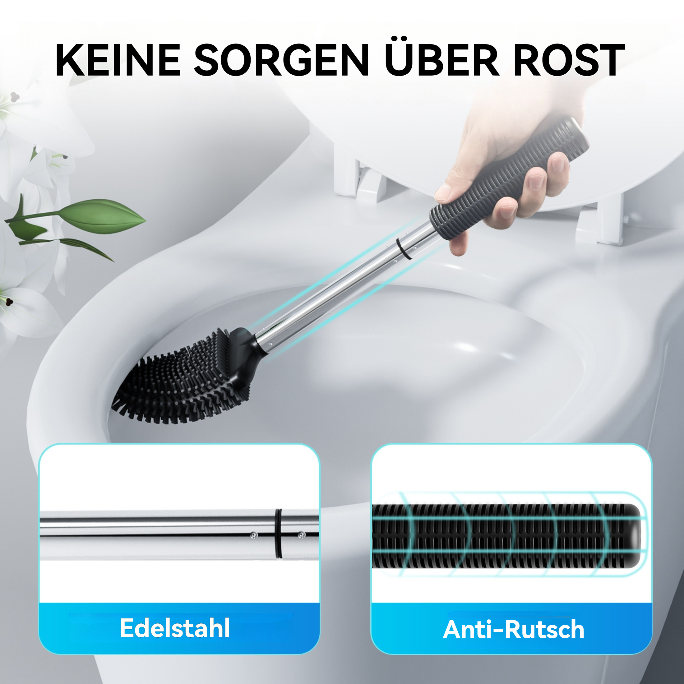 Eine Toilettenbürste wird über einer Toilette gehalten. Sie hat einen schwarzen Bürstenkopf und einen silbernen Griff. Text unten: 'Edelstahl' und 'Anti-Rutsch'.