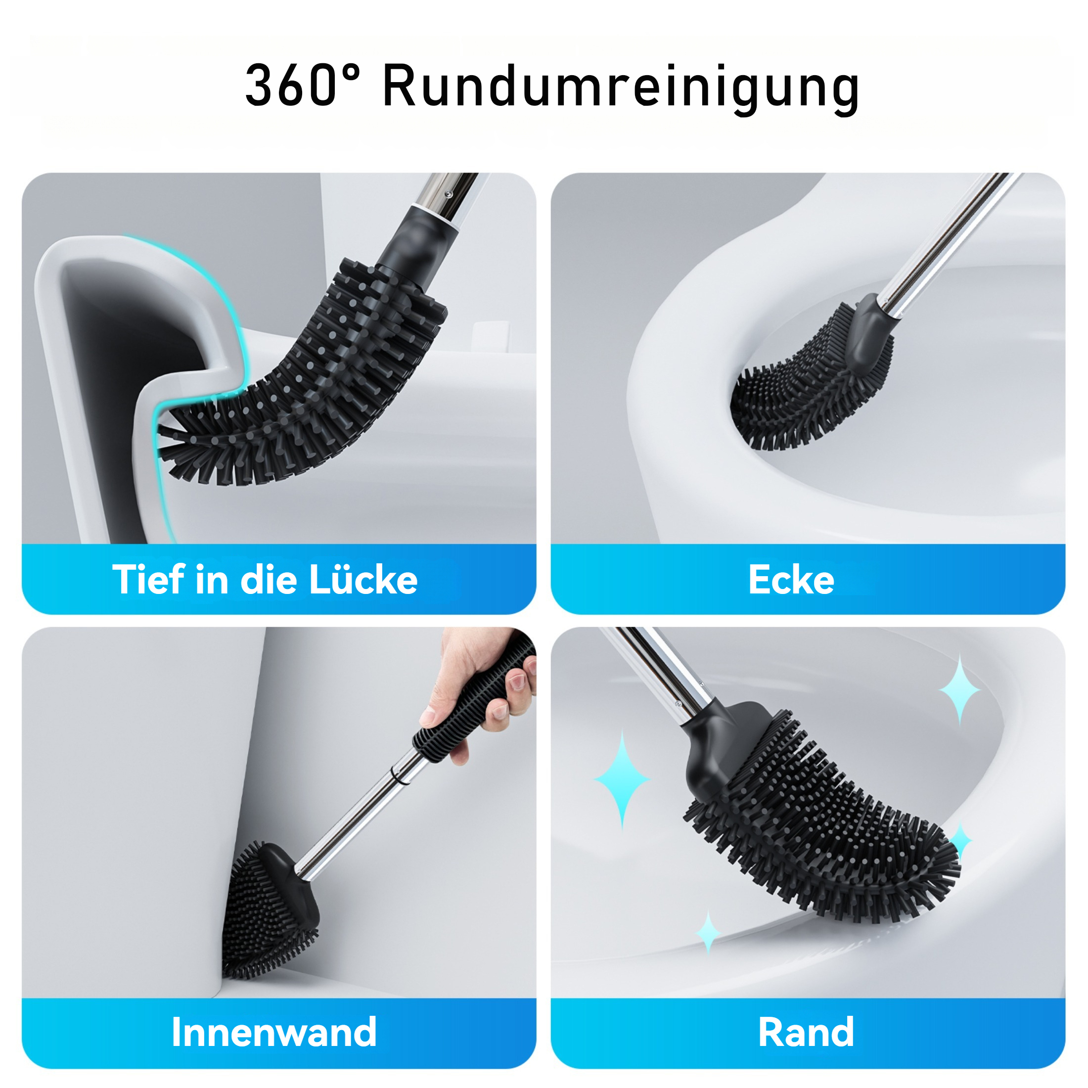 Eine Toilettenbürste, die verschiedene Teile einer Toilette reinigt. Die Bürste ist schwarz, die Toilette ist weiß und der Hintergrund grau.