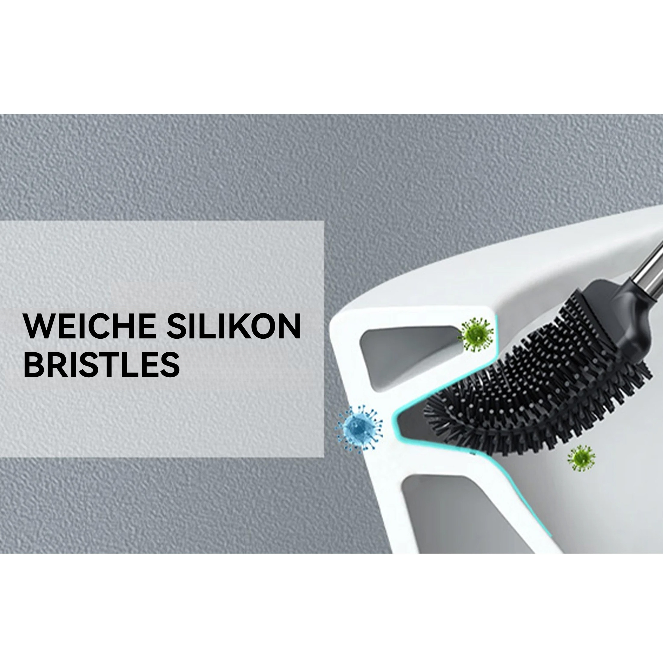 Eine Toilettenbürste mit schwarzen Borsten neben einer Toilettenschüssel, mit dem Text "WEICHE SILIKON BRISTLES".