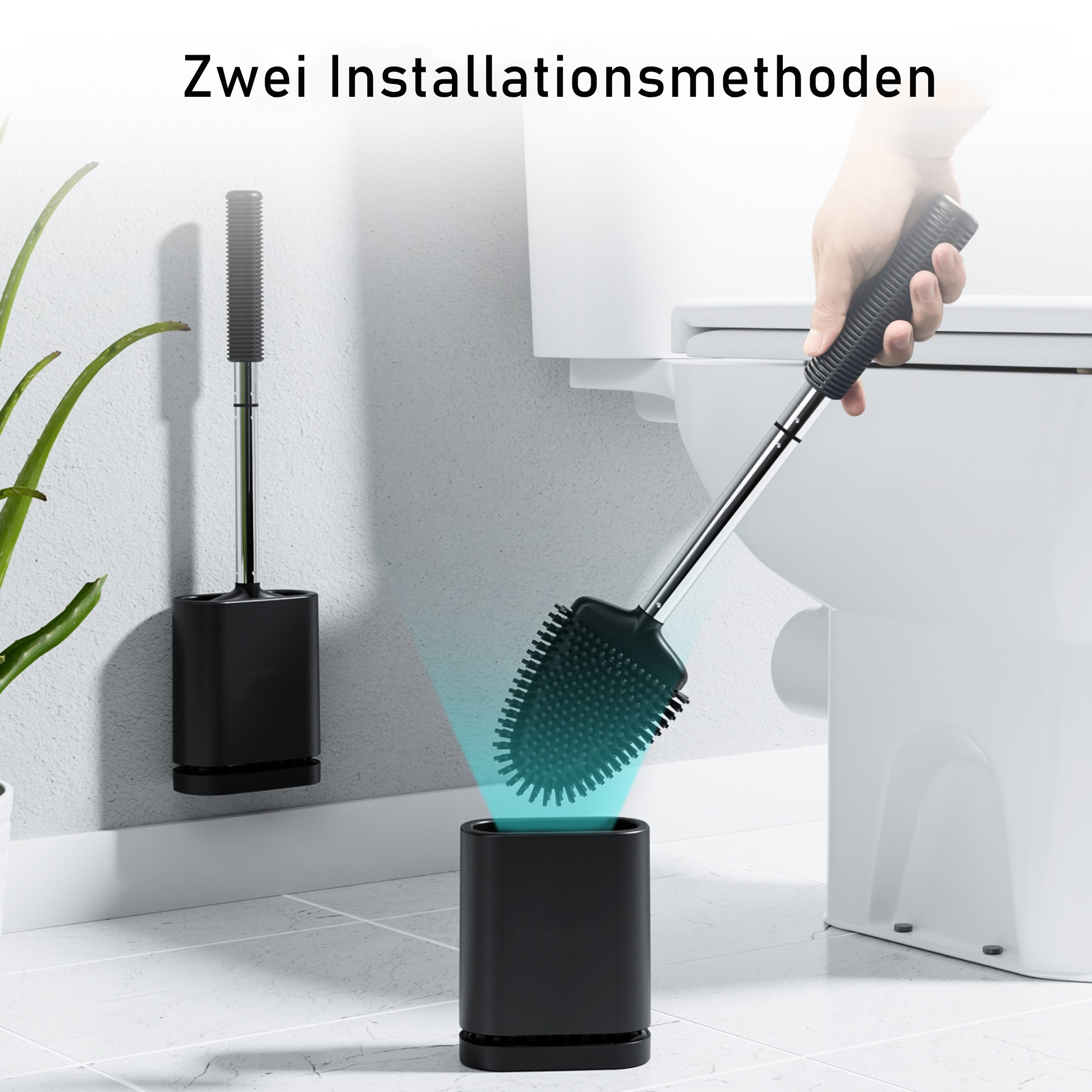 Eine schwarze Klobürste wird gezeigt, eine in einem Halter, die andere wird in der Nähe einer Toilette gehalten.