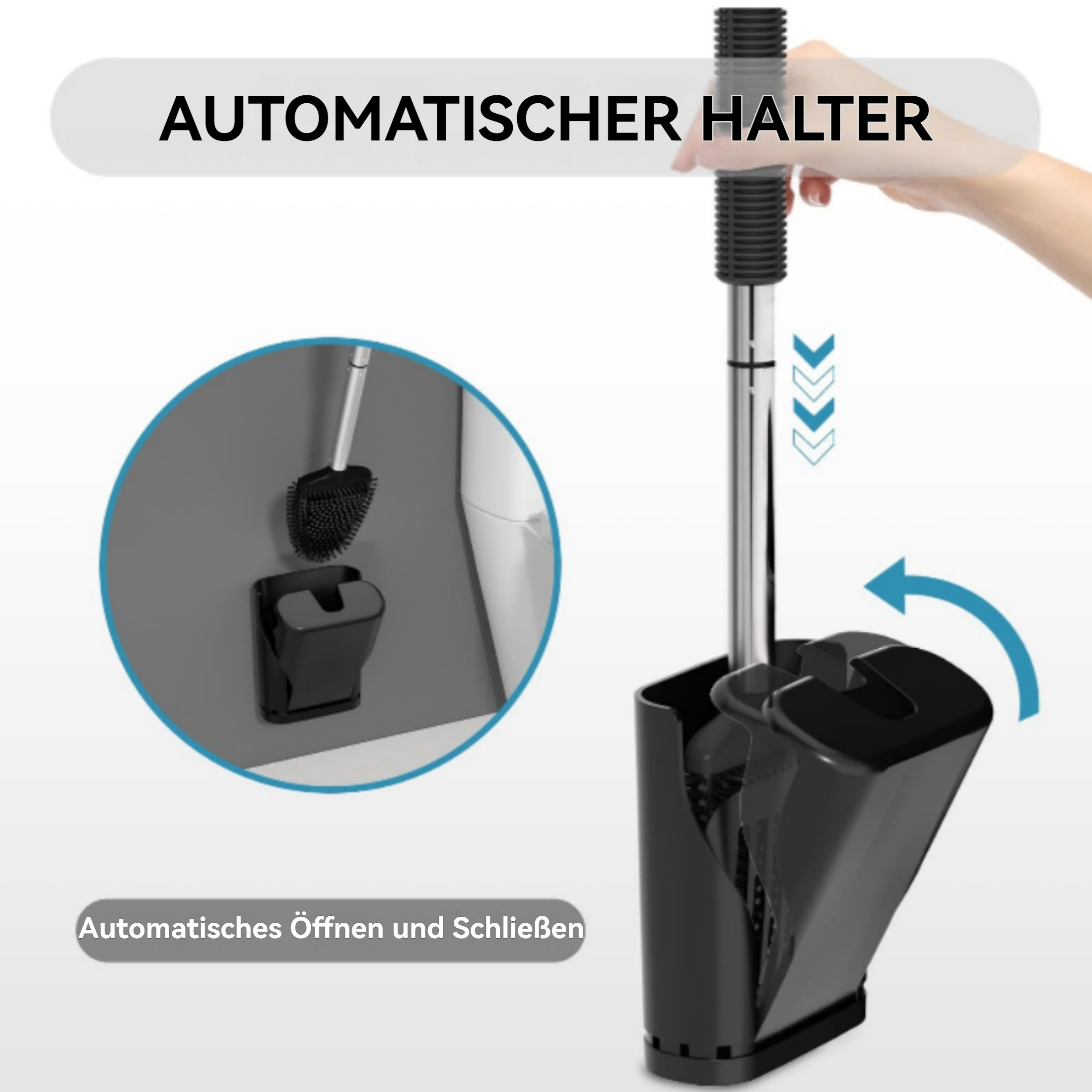 Eine schwarze Toilettenbürste und ein Halter. Der Halter wird von einer Hand geöffnet. Eine zweite Bürste befindet sich in einem Wandhalter.