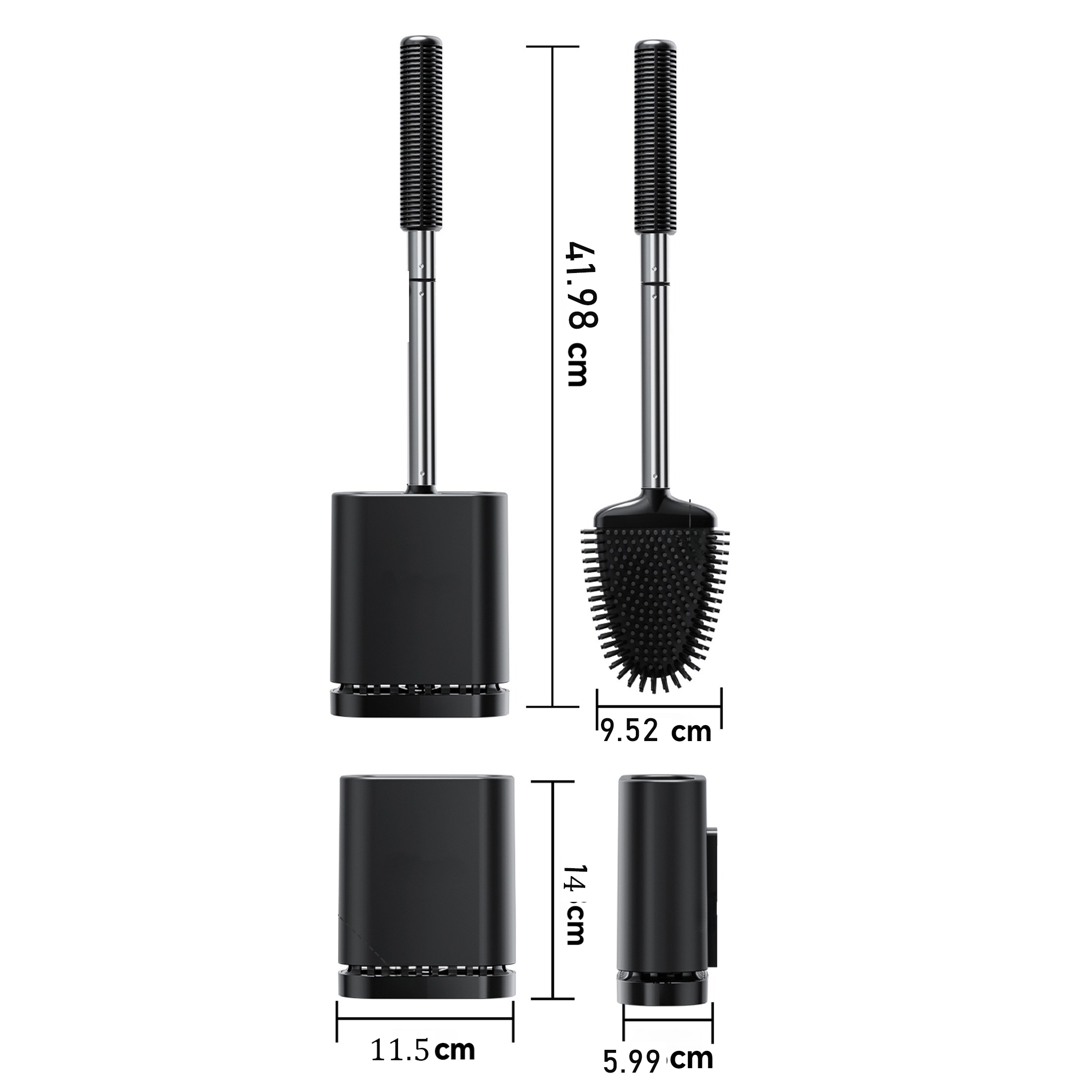 Schwarzes Toilettenbürsten-Set mit Abmessungen. Bürste und Halter sind abgebildet. Maße von Höhe und Breite werden angezeigt.