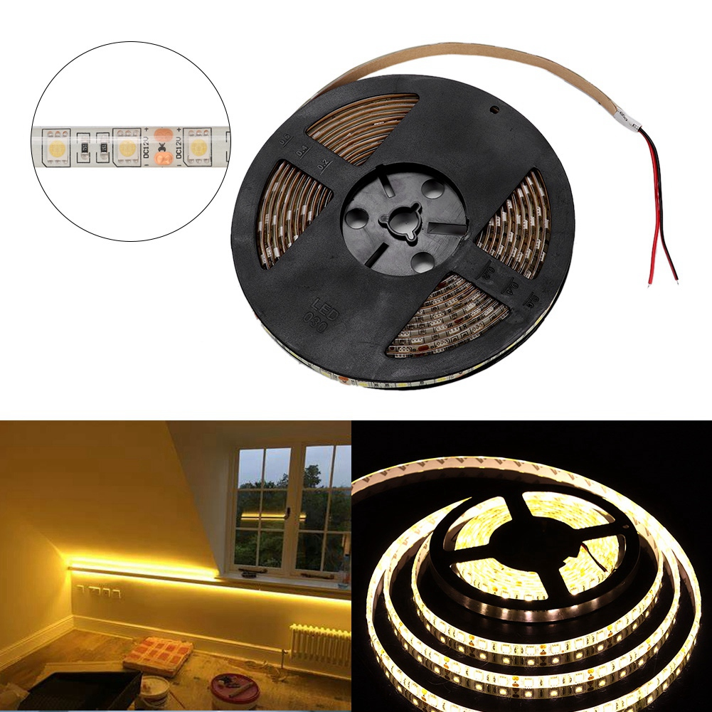 Eine Rolle LED-Streifen mit einer Nahaufnahme des beleuchteten Streifens. Außerdem ist der an einer Wand installierte LED-Streifen zu sehen.