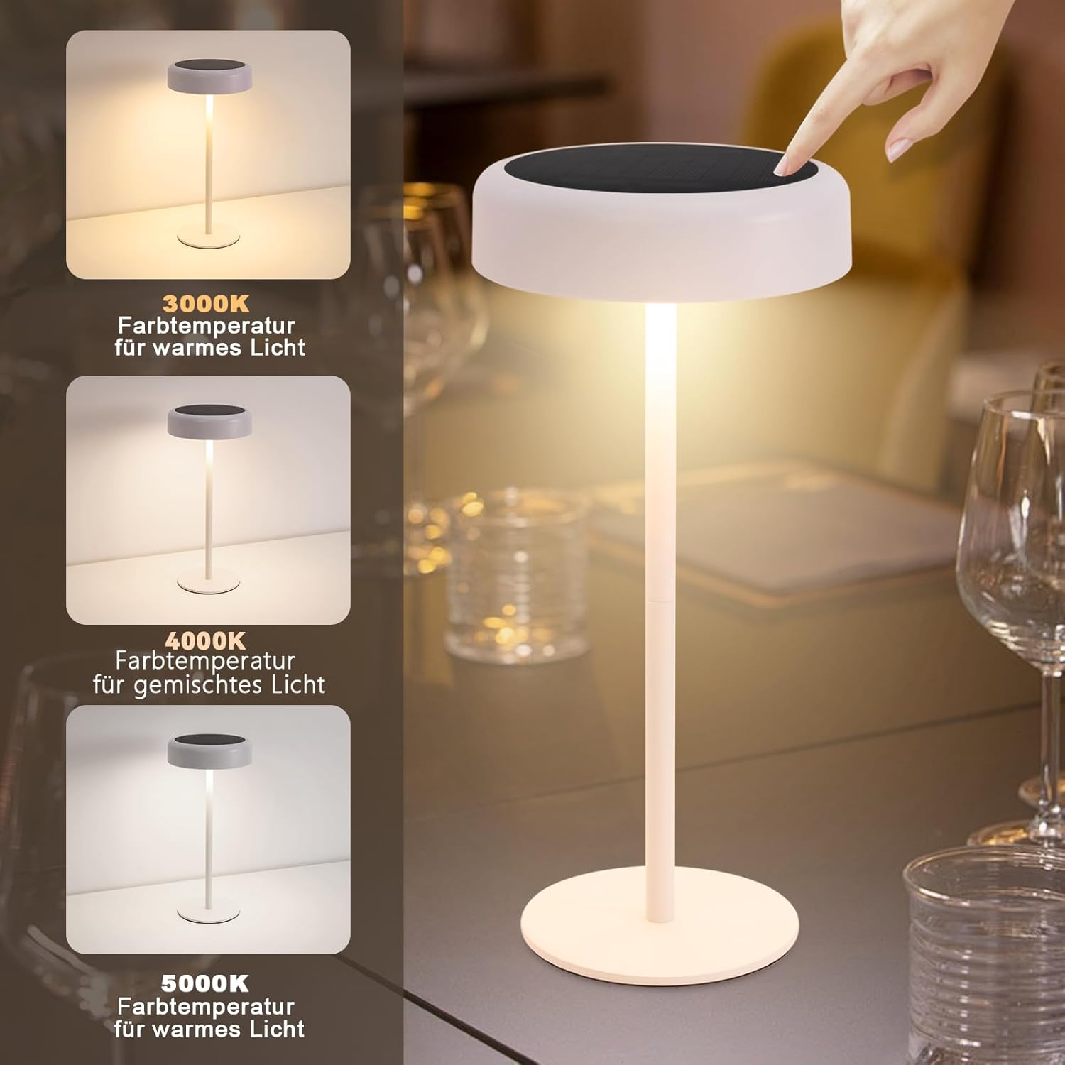 Una mano tocca una lampada bianca. La lampada è su un tavolo con bicchieri. Tre lampade sono visualizzate con diverse temperature di luce.