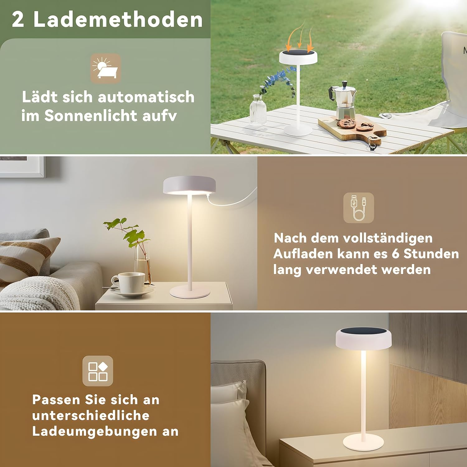 Una lampada bianca è mostrata in tre ambienti diversi. Si ricarica con la luce solare e può essere utilizzata per 6 ore dopo la ricarica.
