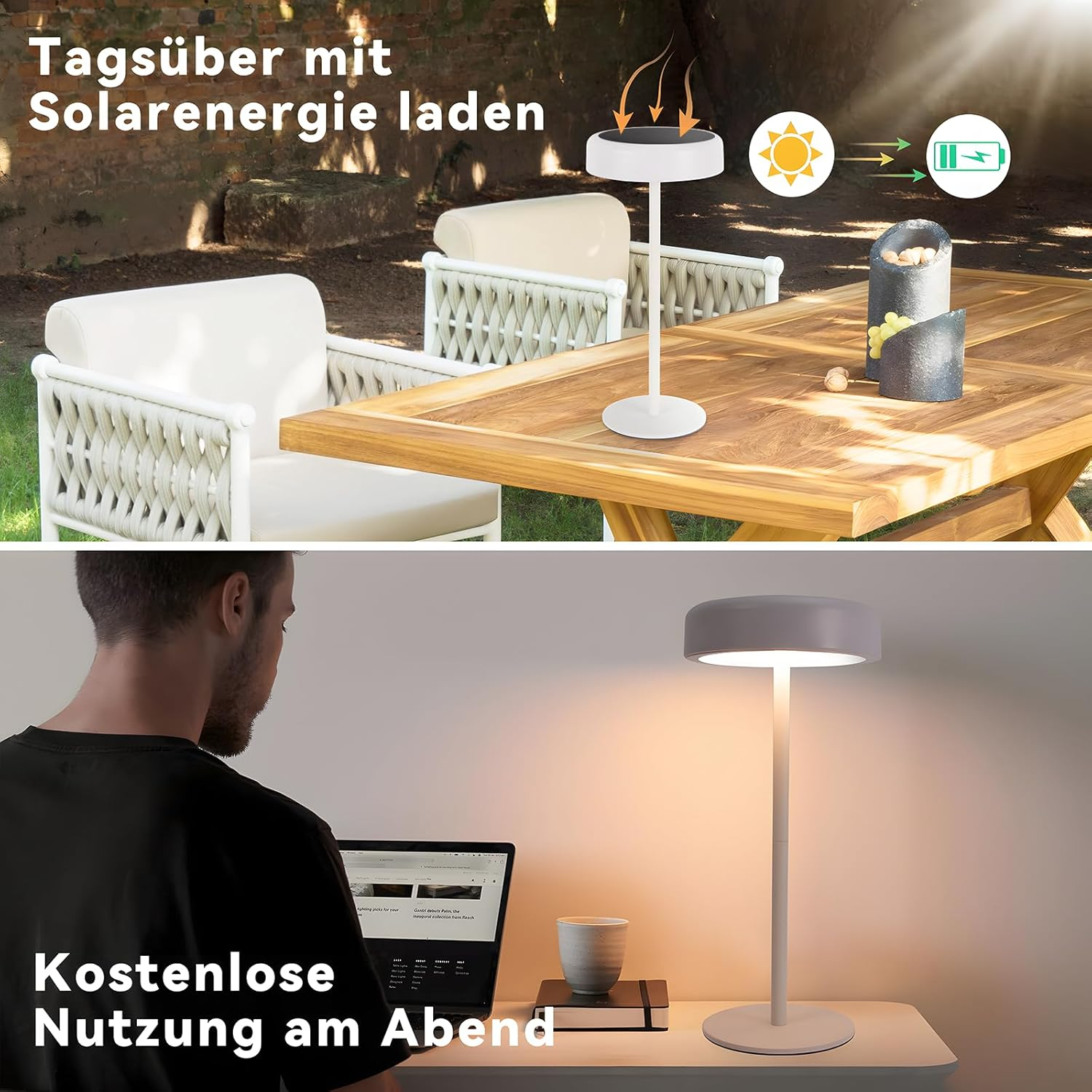 Una lampada si carica con l'energia solare durante il giorno. Di notte, la lampada viene utilizzata con un uomo che usa un laptop.
