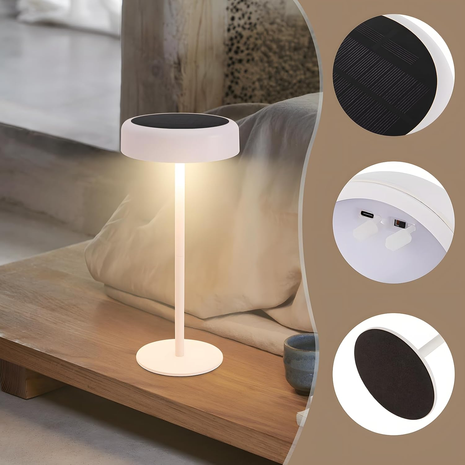 Una lampada solare bianca con parte superiore nera su superficie in legno. Dettagli della parte superiore, base e porte.