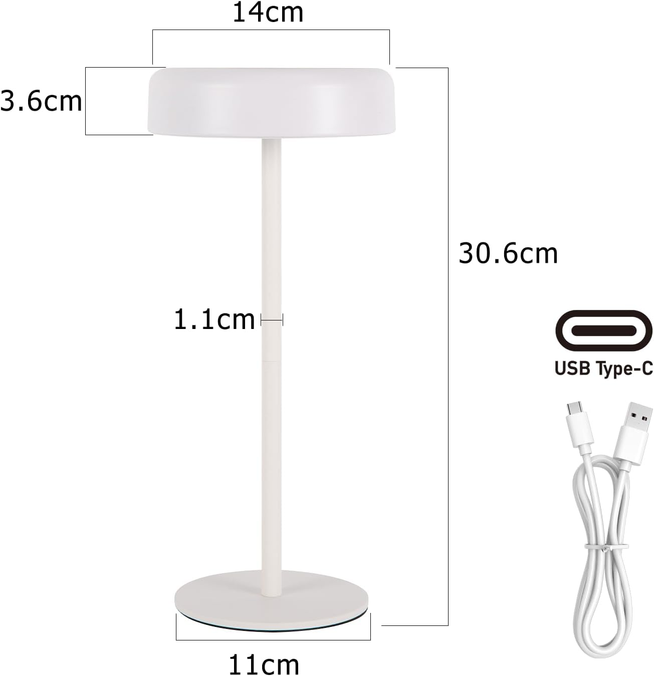 Una lampada da scrivania bianca con dimensioni etichettate. Un cavo USB Type-C è mostrato a destra.