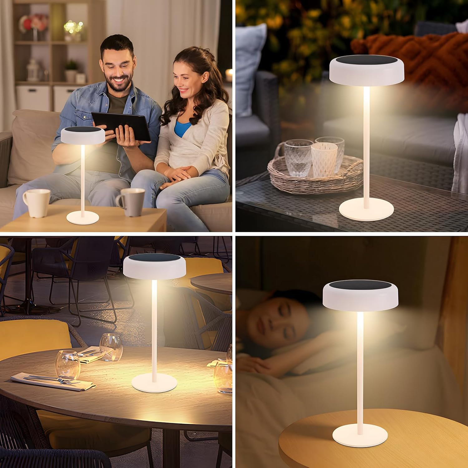 Una lampada bianca è mostrata in diverse ambientazioni: coppia con tablet, tavolo all'aperto, tavolo del ristorante e comodino.
