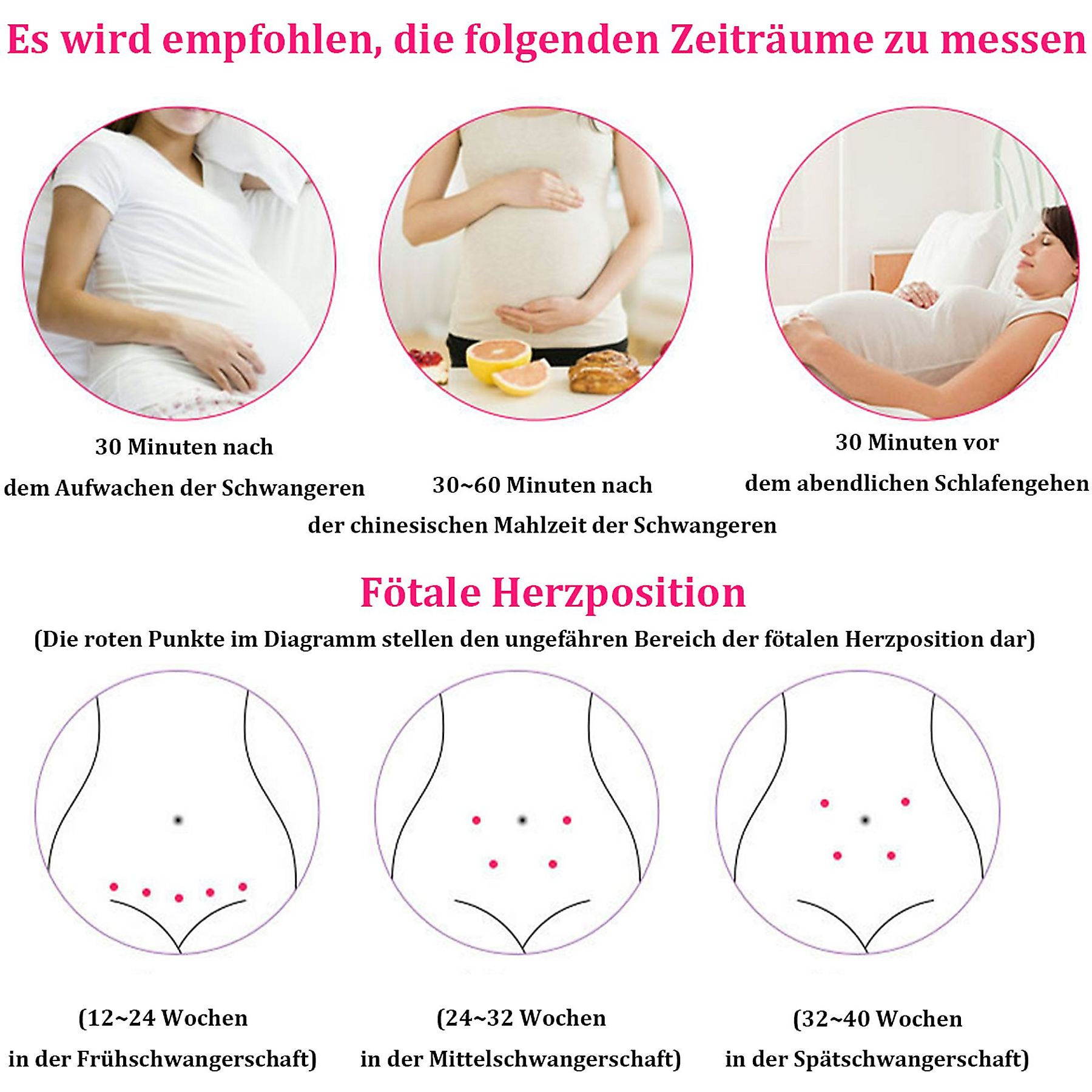 Das Bild zeigt schwangere Frauen und Diagramme zur fetalen Herzposition. Text rät zu Messzeiten. Diagramme zeigen fetale Positionen.
