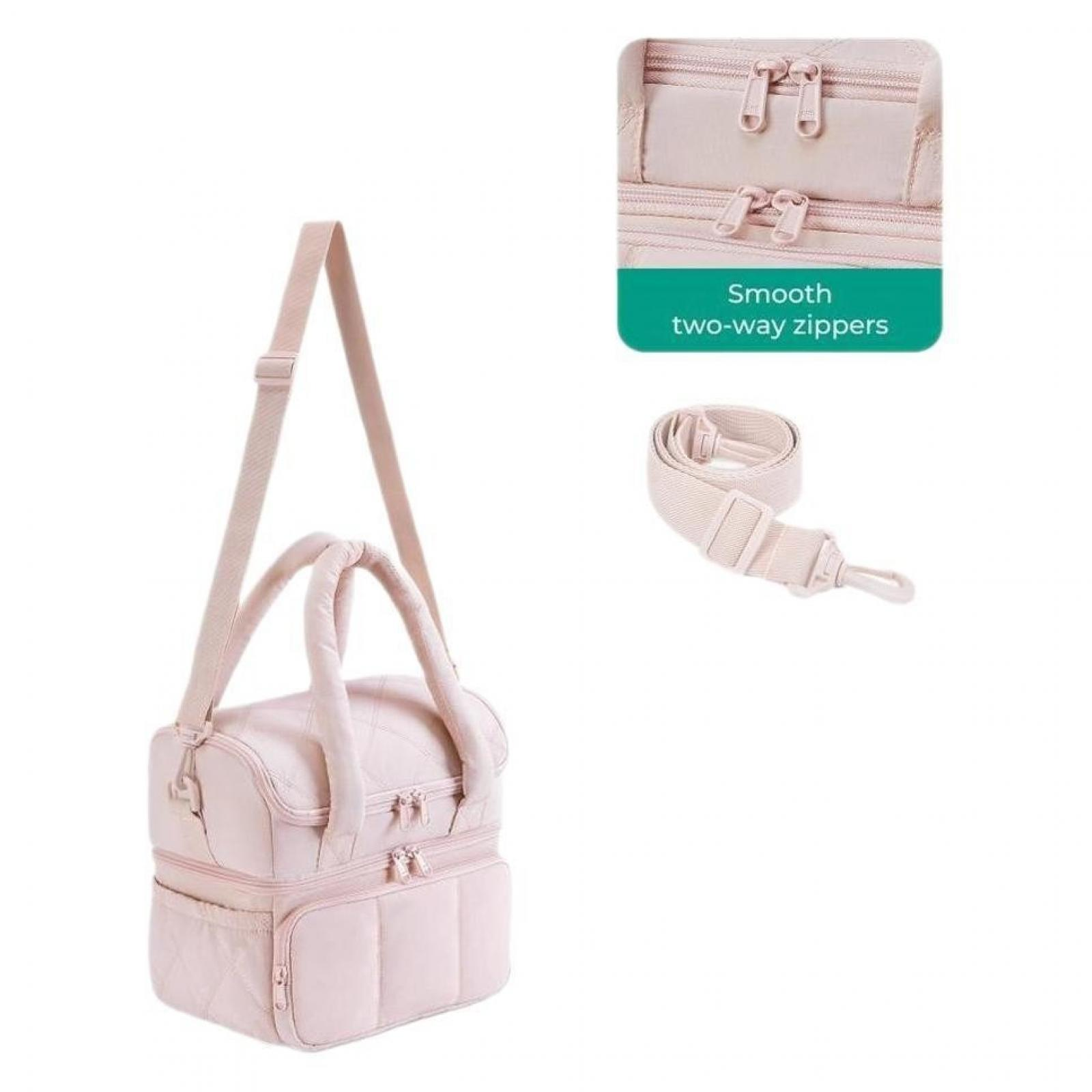 Eine rosa Reisetasche mit Schultergurt, Zwei-Wege-Reißverschlüssen und einem separaten oberen Abschnitt. Beinhaltet eine Nahaufnahme der Reißverschlüsse und des Gurtes.