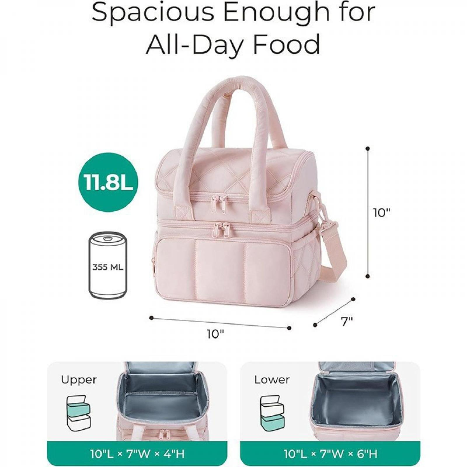 Eine rosa Lunchtasche mit Abmessungen, einem Kapazitätslabel (11,8 l) und einer Abbildung einer 355-ml-Dose.