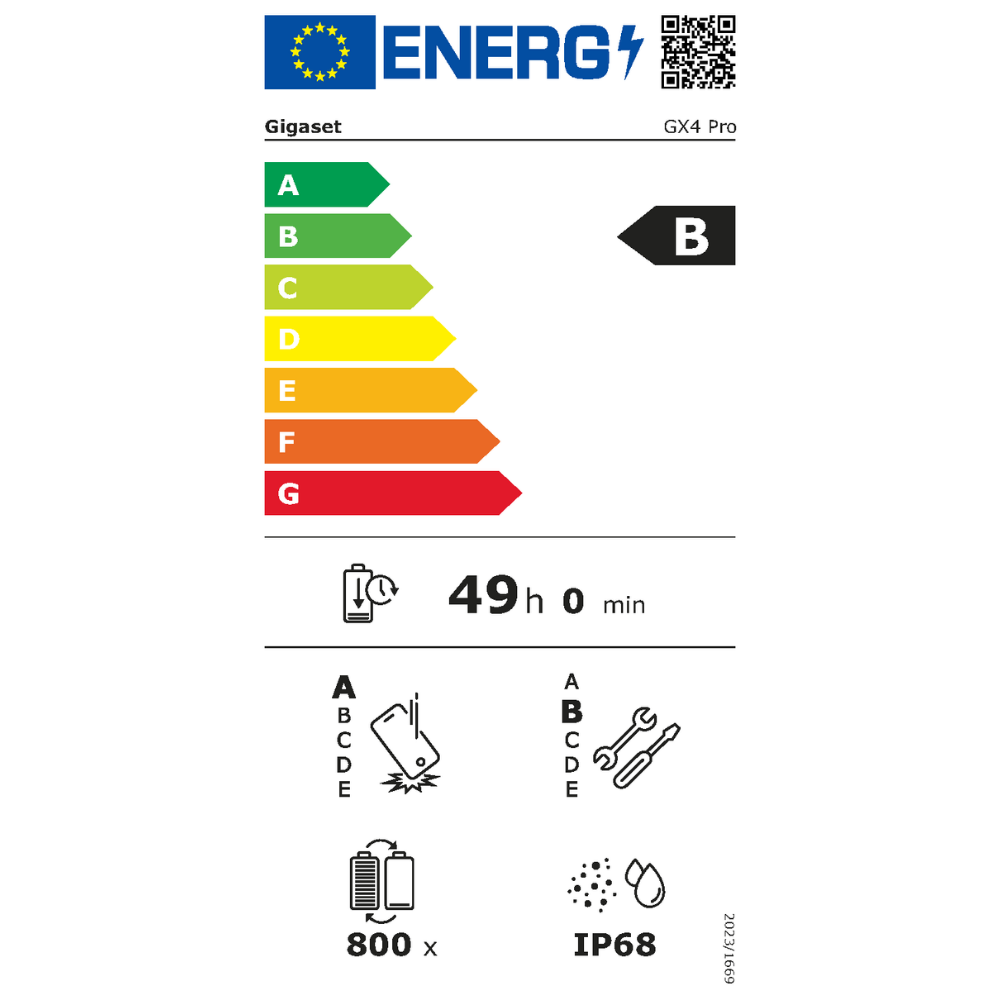 Etykieta energetyczna dla Gigaset GX4 Pro. Pokazuje efektywność energetyczną, żywotność baterii (49h) oraz cechy takie jak IP68 i 800x pojemność.