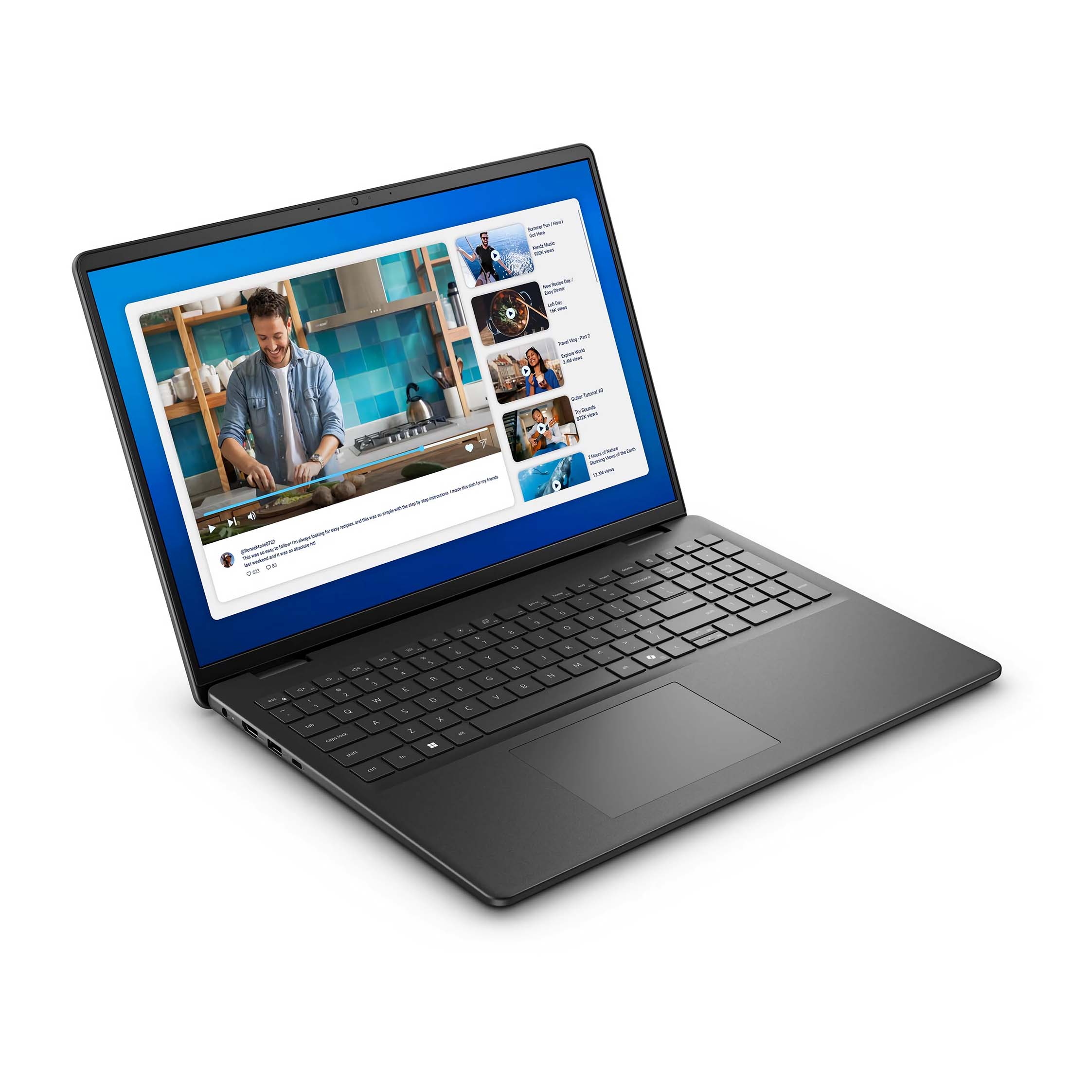 Ein Laptop zeigt ein Kochvideo. Die Tastatur ist sichtbar. Der Laptop befindet sich auf einer weißen Oberfläche.