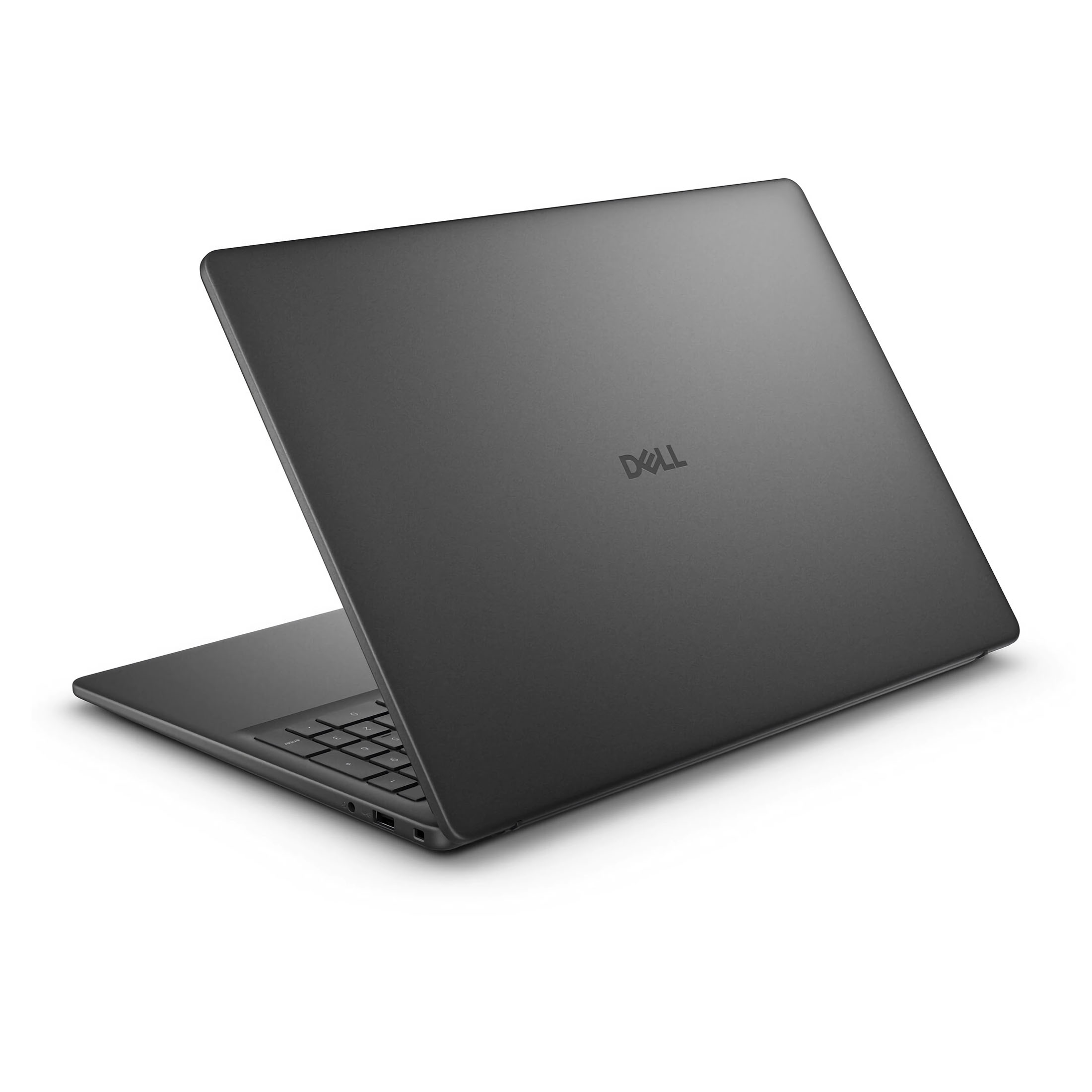 Ein dunkelgrauer Dell-Laptop ist auf einer weißen Oberfläche geöffnet. Das Dell-Logo ist sichtbar. Die Tastatur ist zu sehen.