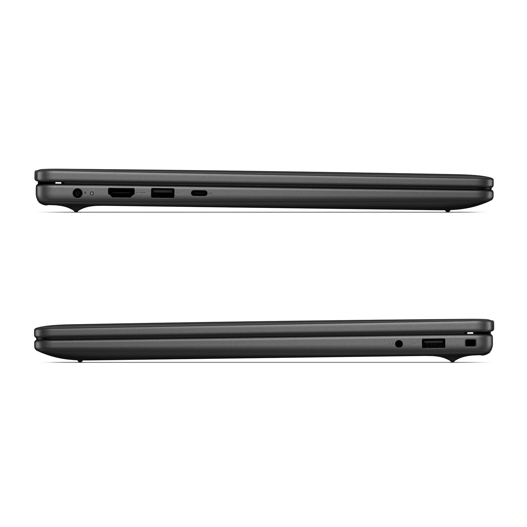 Zwei Seitenansichten eines schwarzen Laptops mit Anschlüssen und geschlossenem Deckel auf weißem Hintergrund.
