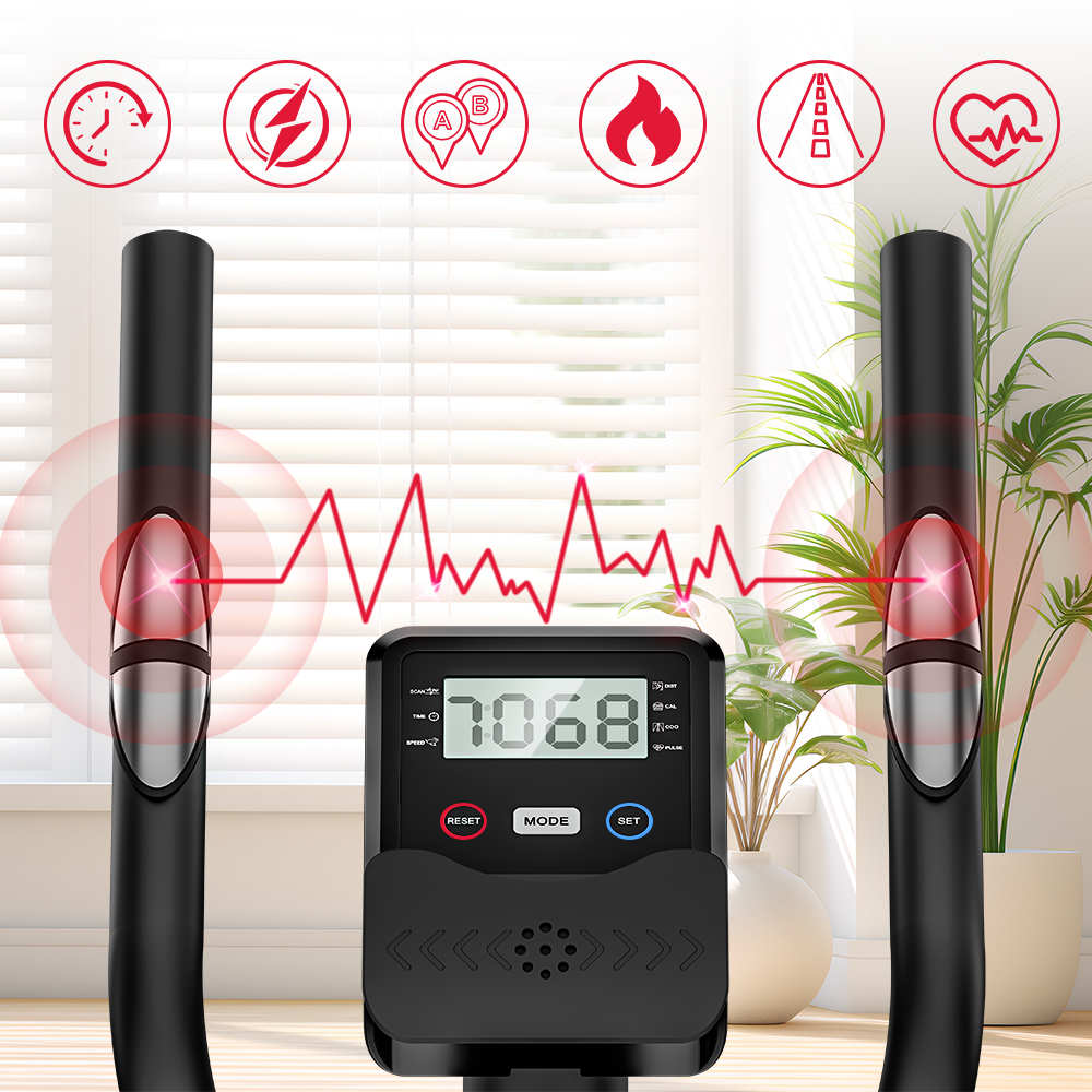 Orbitrek z wyświetlaczem cyfrowym. Pokazano tętno, czas i inne dane ćwiczeń. Czerwona linia reprezentuje tętno.