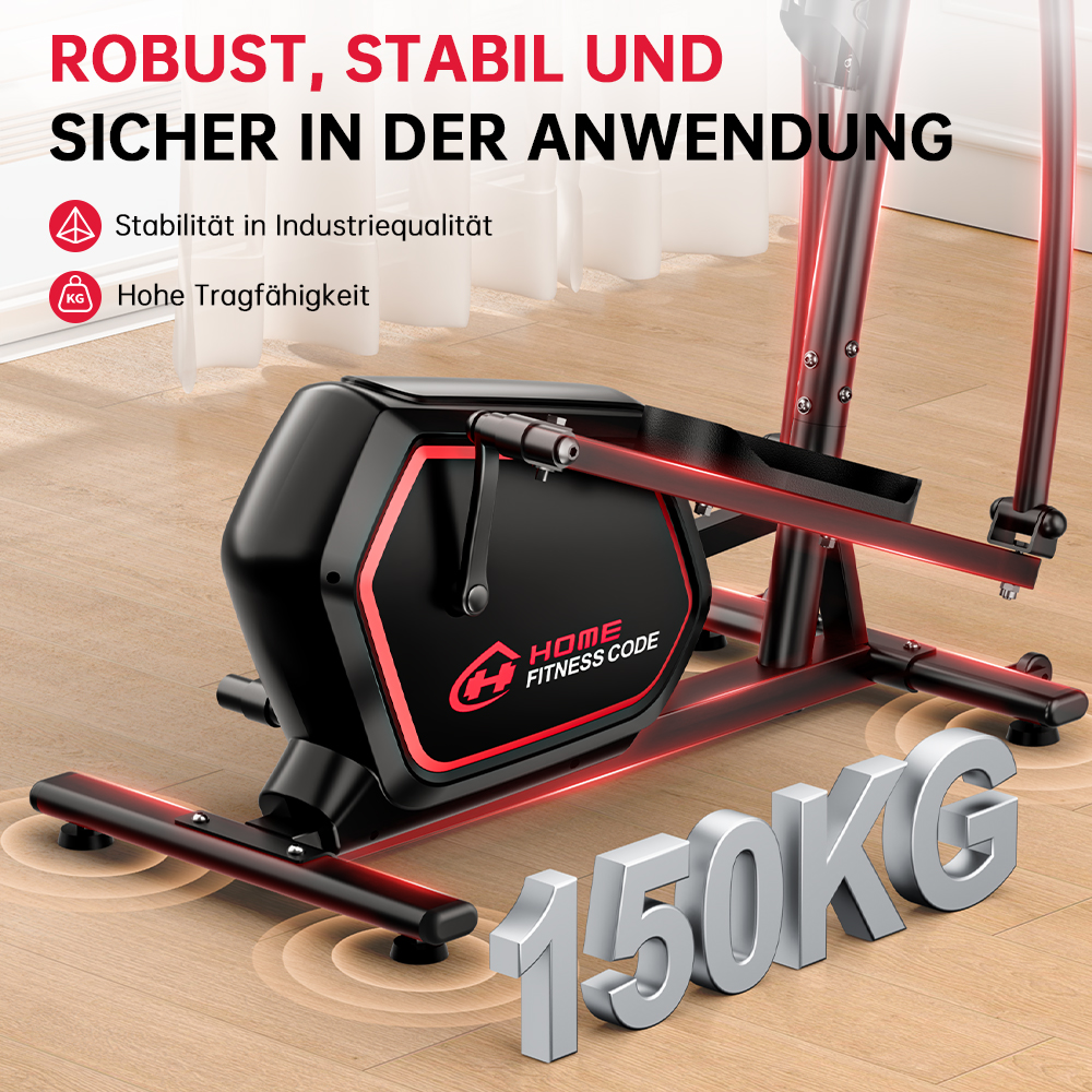 Maszyna do ćwiczeń z czarnym korpusem i czerwonymi akcentami. Tekst brzmi "Wytrzymały, stabilny i bezpieczny". Udźwig 150 kg.